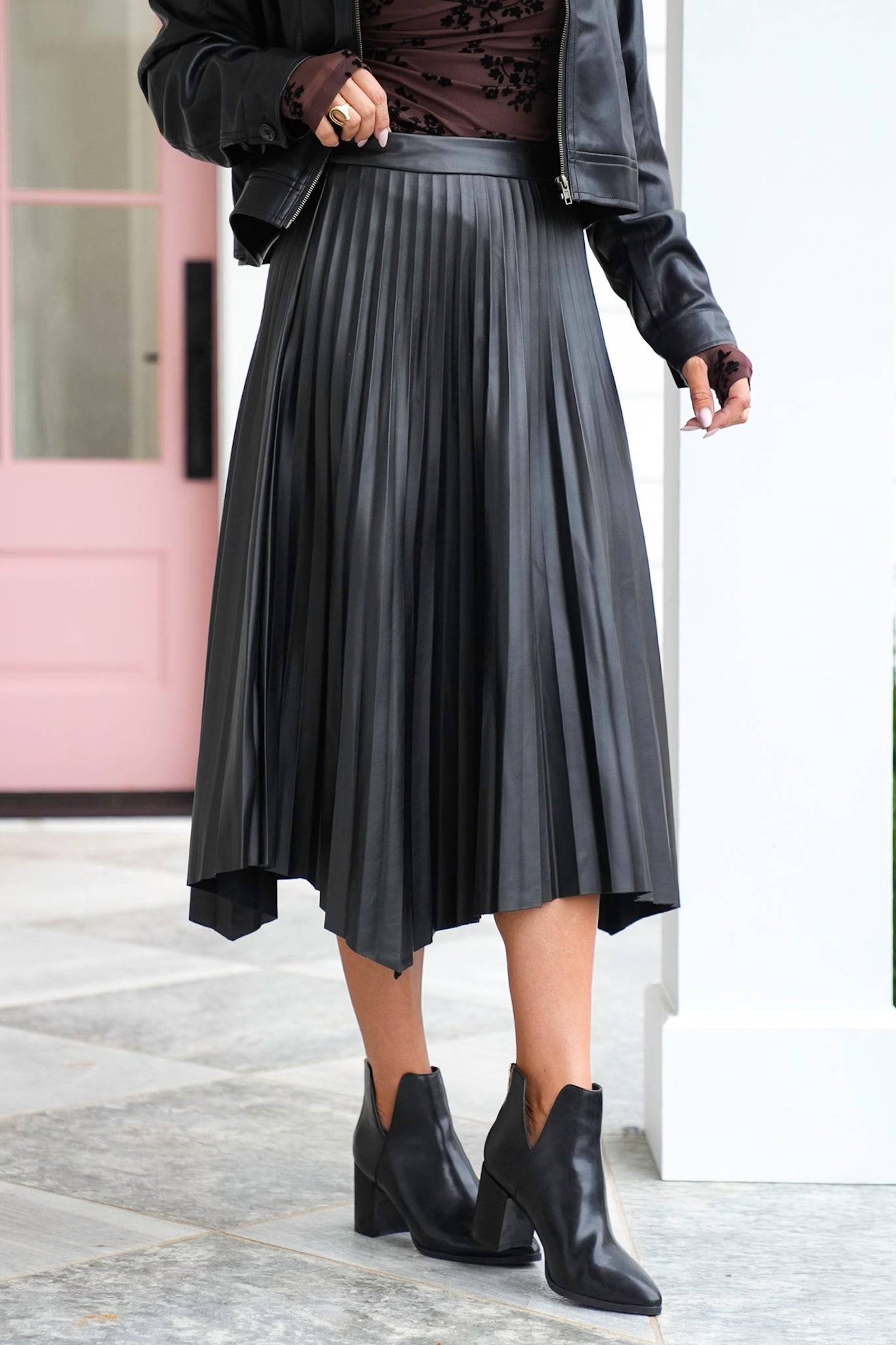 Vegan Leather Pleated Midi Skirt