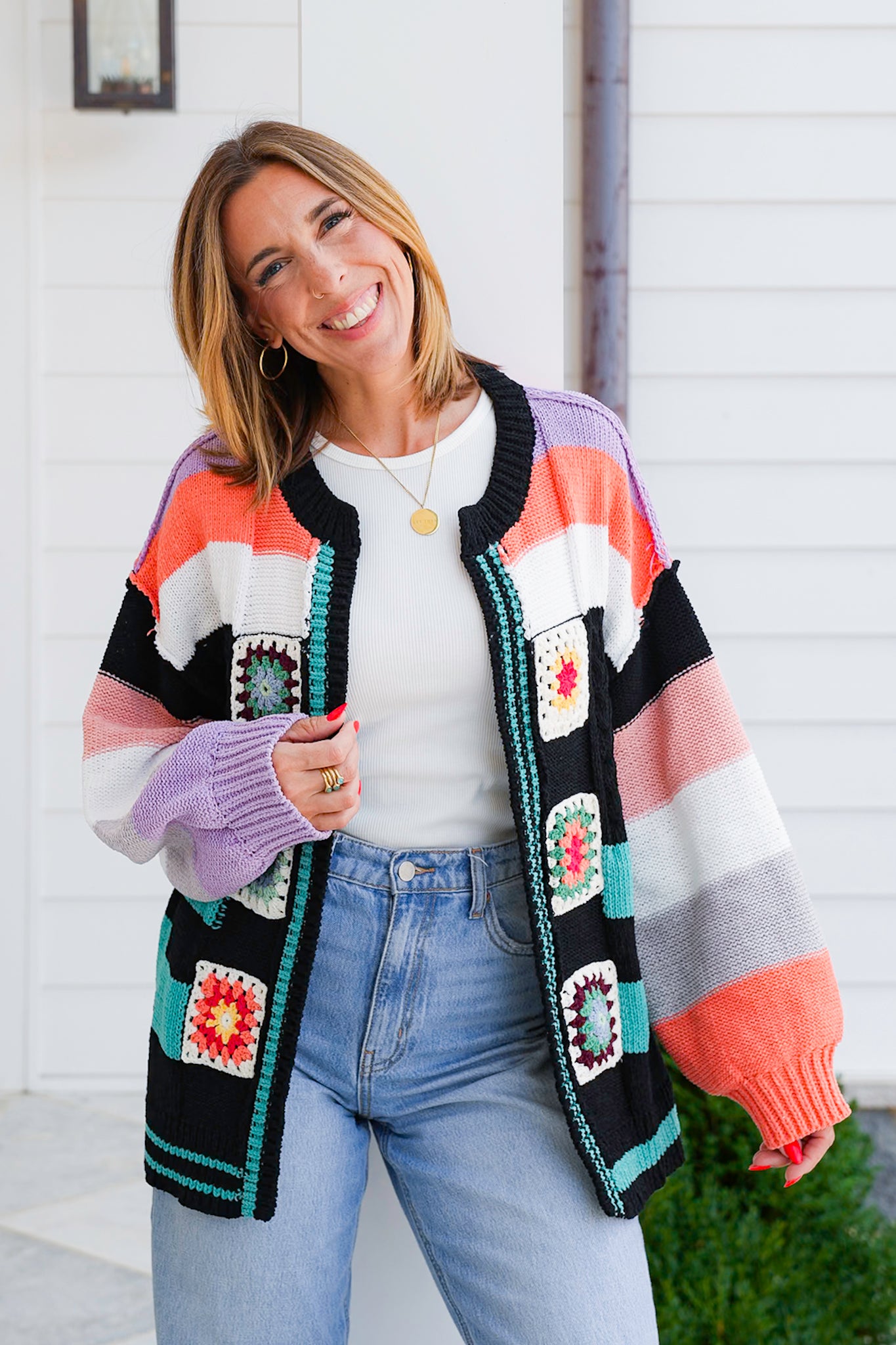 POL Stripe Long Sleeve Open Cardigan with Patch Detail