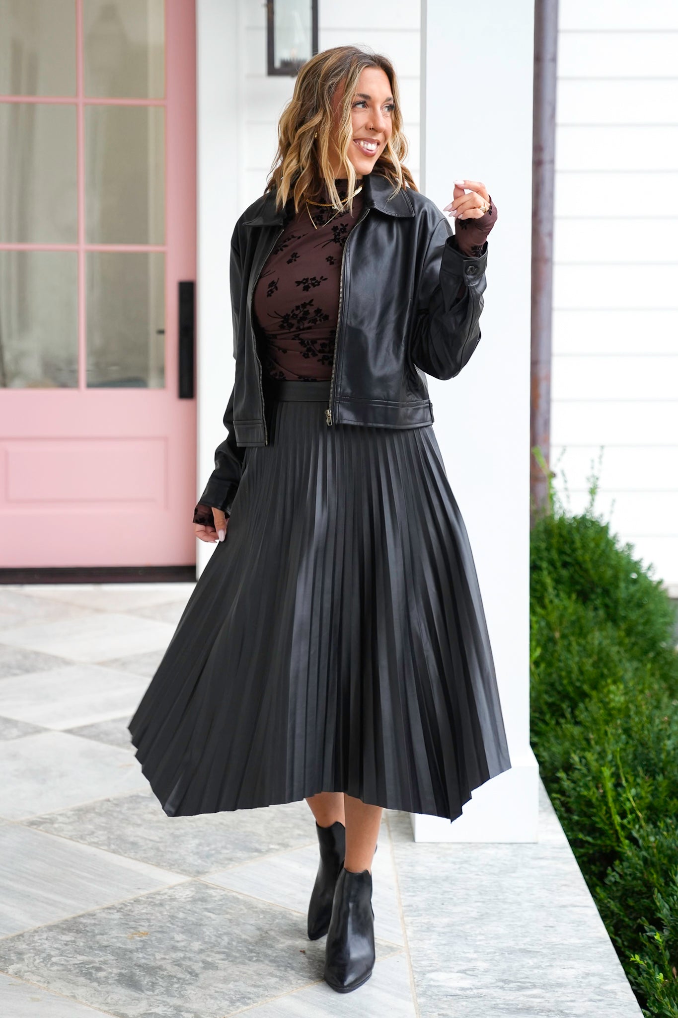 Vegan Leather Pleated Midi Skirt