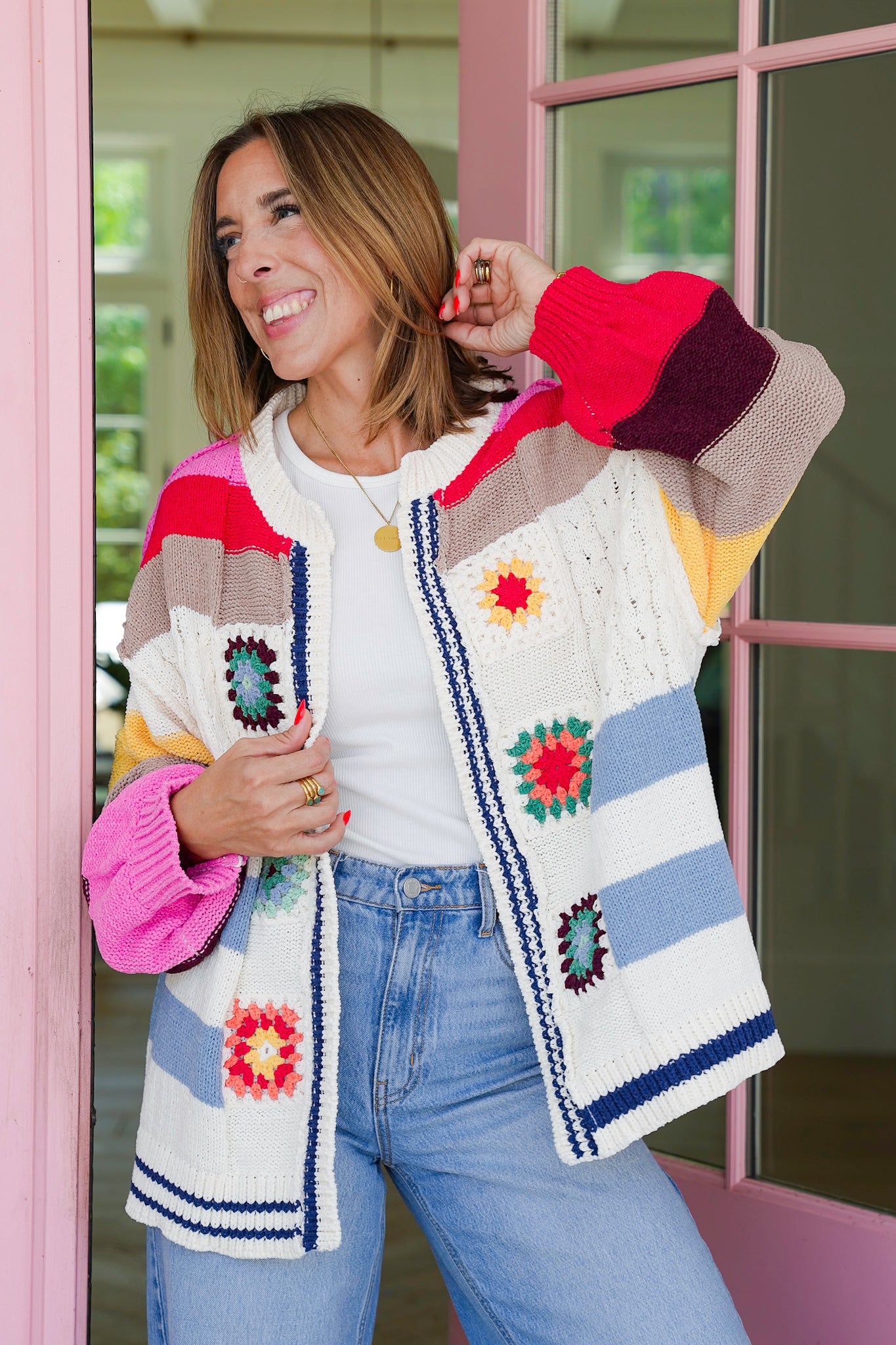 POL Stripe Long Sleeve Open Cardigan with Patch Detail