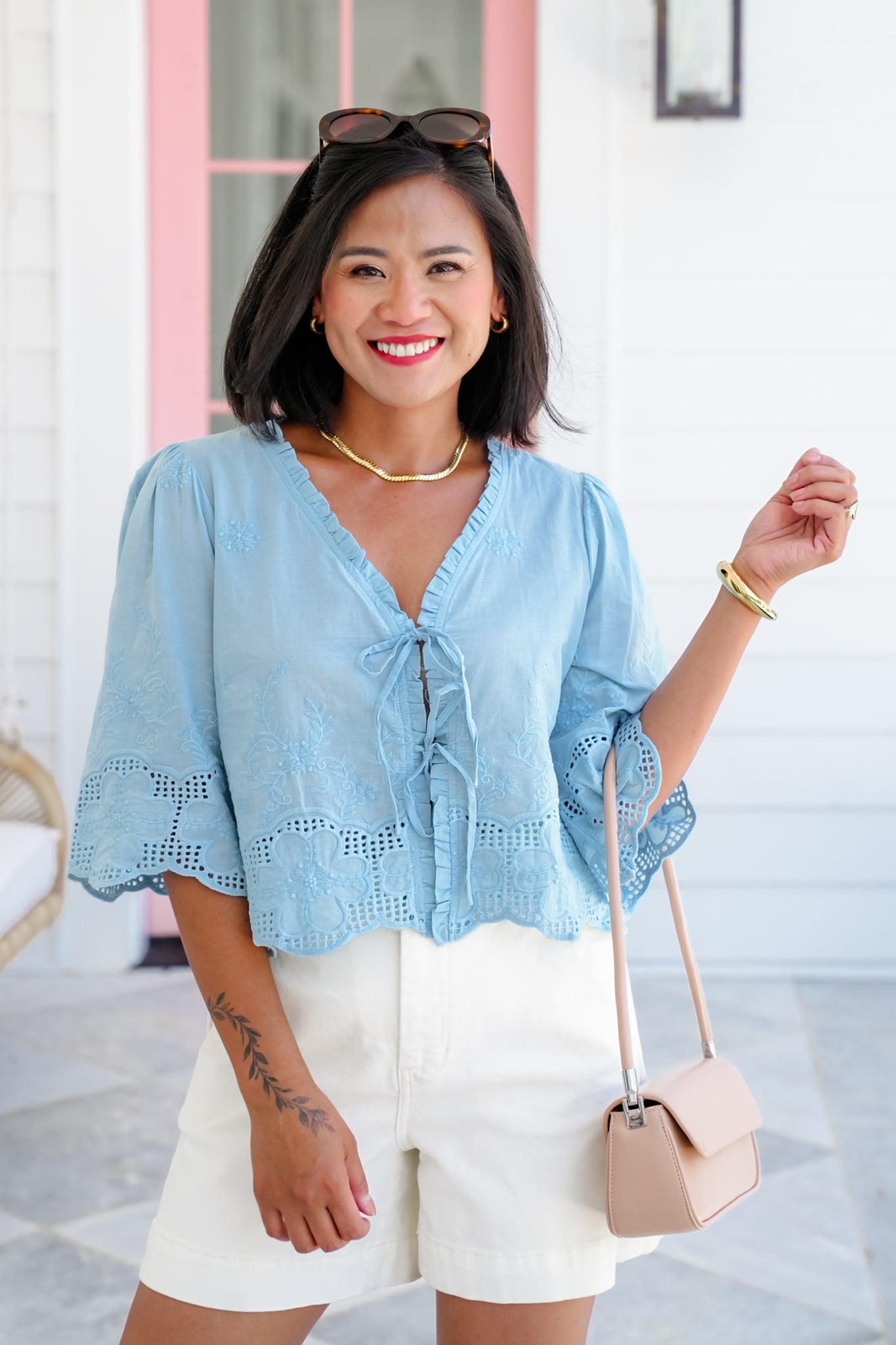 Floral Embroidery Short Sleeve Tie Front Top