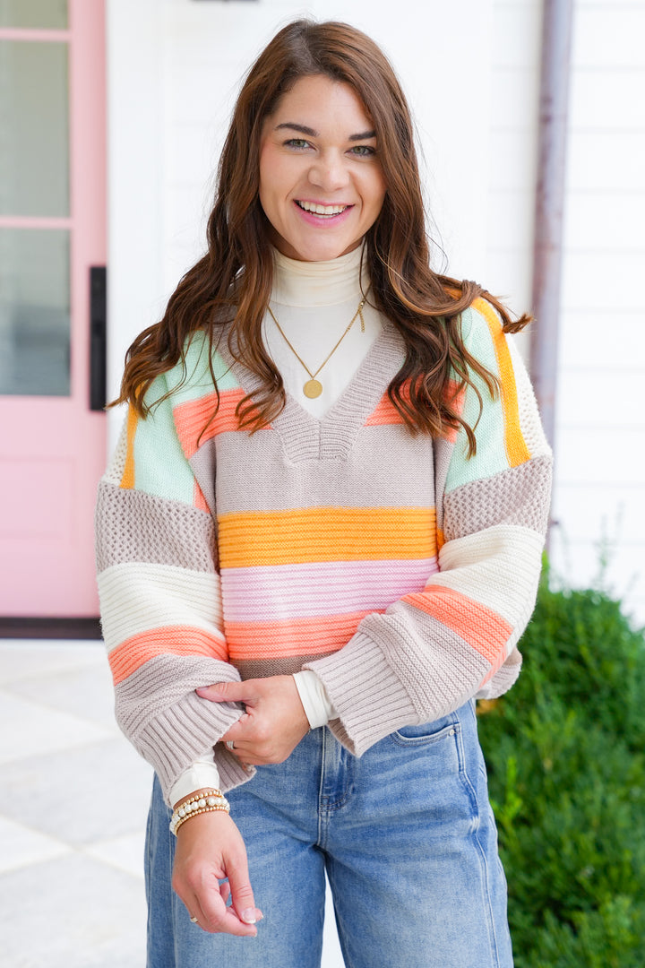 Multi Color Stripe Long Sleeve V Neck Sweater