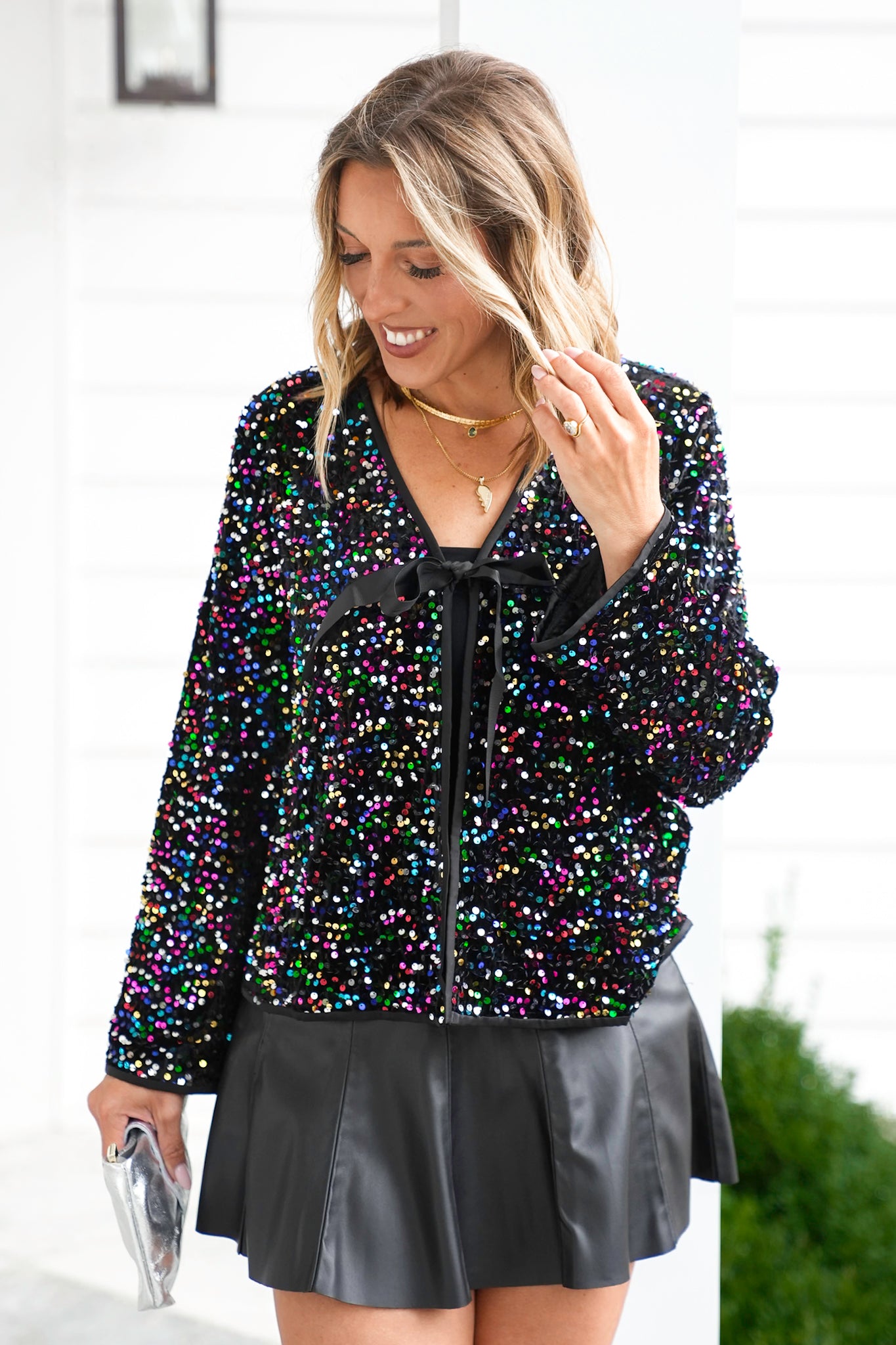 Plus/Reg Multi Color Sequin Long Sleeve Tie Front Top