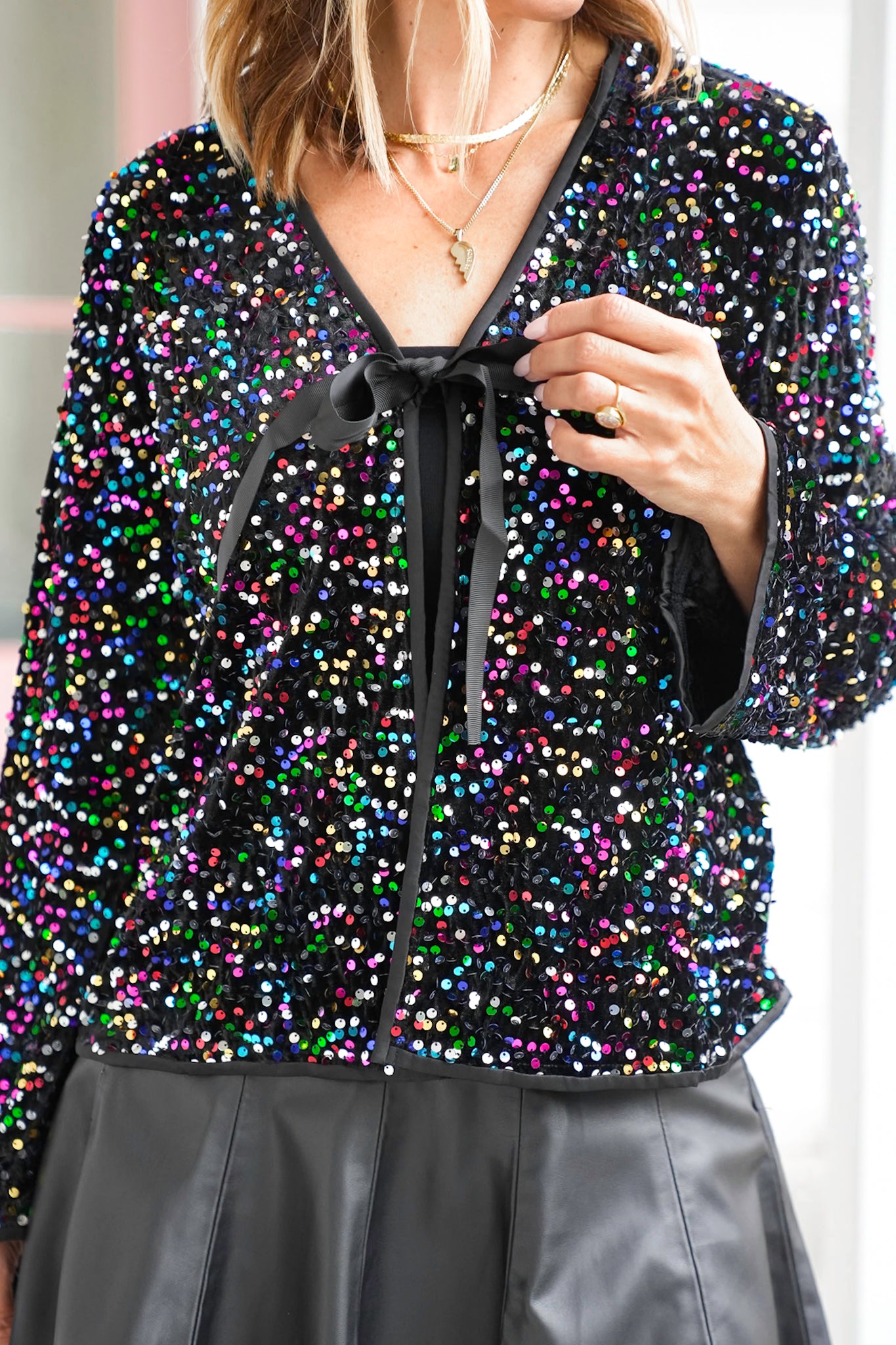 Plus/Reg Multi Color Sequin Long Sleeve Tie Front Top