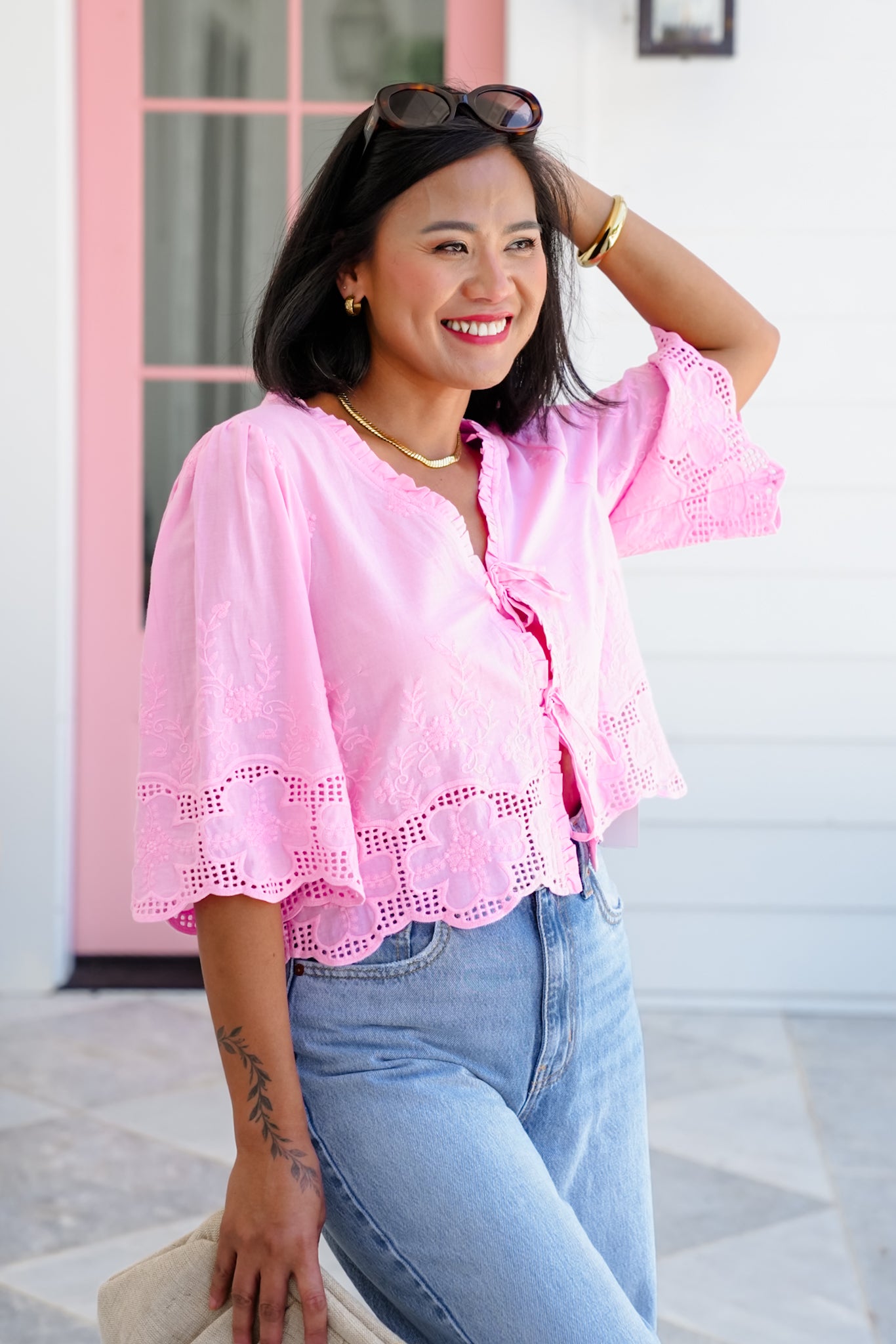 Floral Embroidery Short Sleeve Tie Front Top