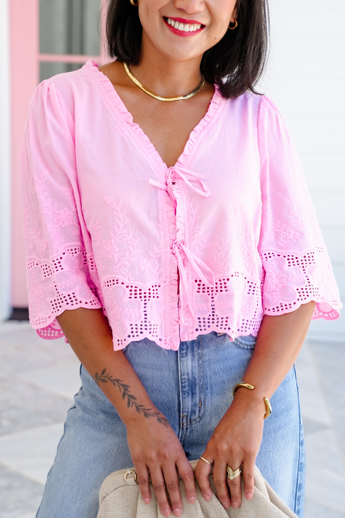 Floral Embroidery Short Sleeve Tie Front Top