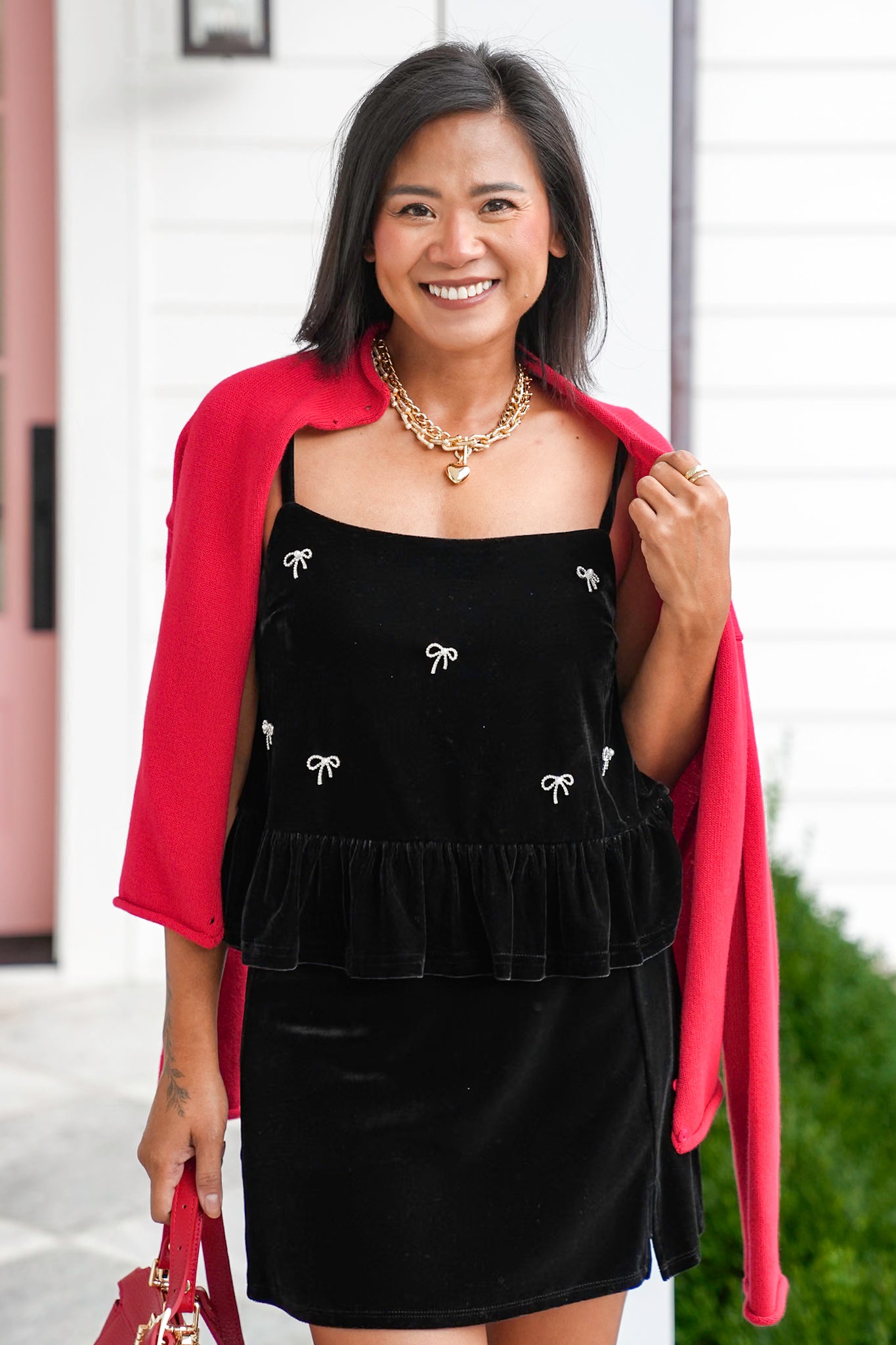 Velvet Baby Doll Top with Rhinestone Bows