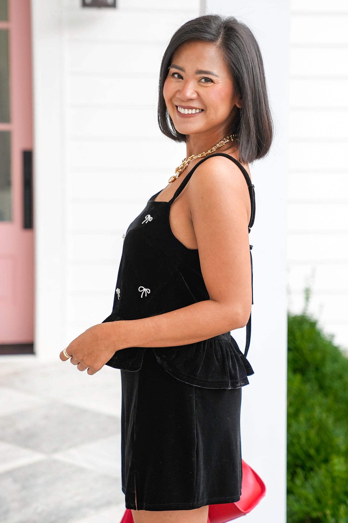 Velvet Baby Doll Top with Rhinestone Bows
