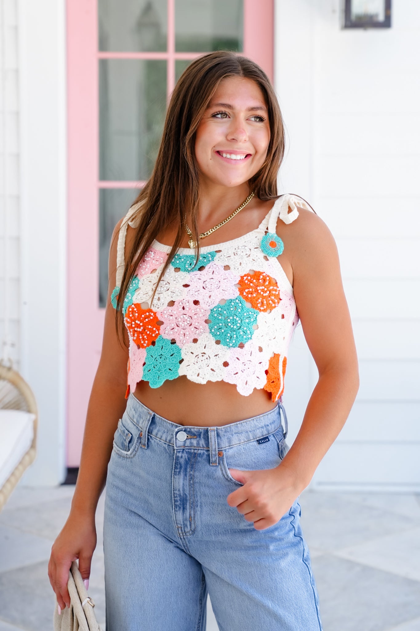 POL Floral Crochet Sleeveless Crop Sweater Top with Pearl Detail