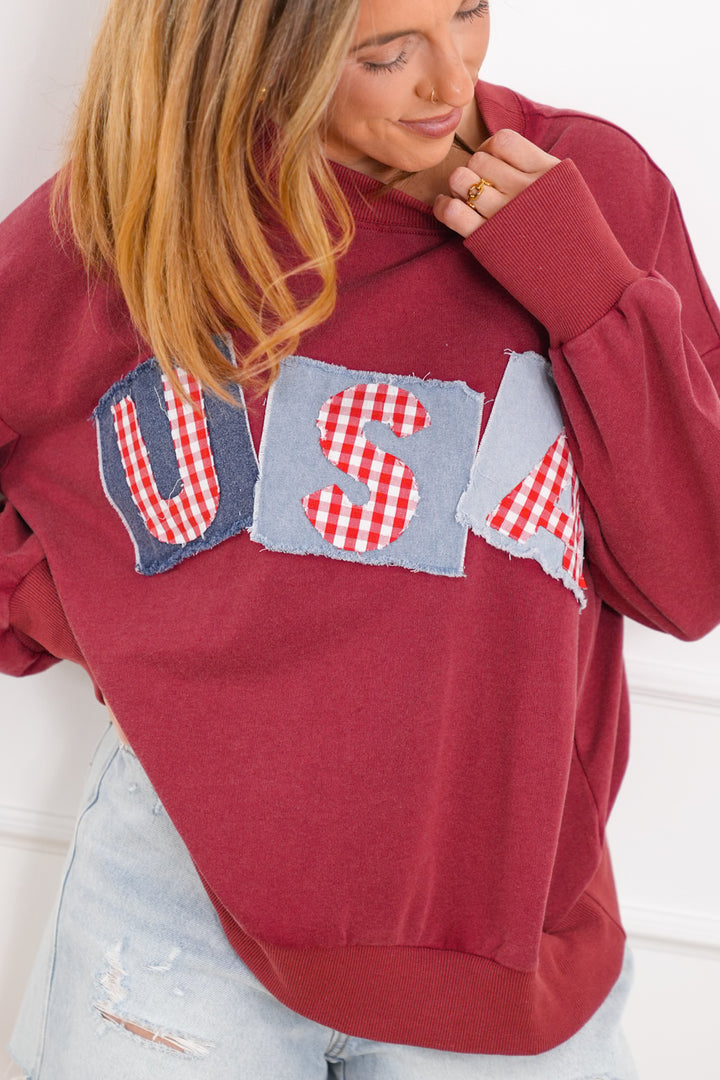 Plus/Reg Long Sleeve "USA" Patch Pullover Sweatshirt
