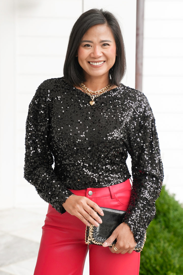Black Sequin Long Sleeve Top