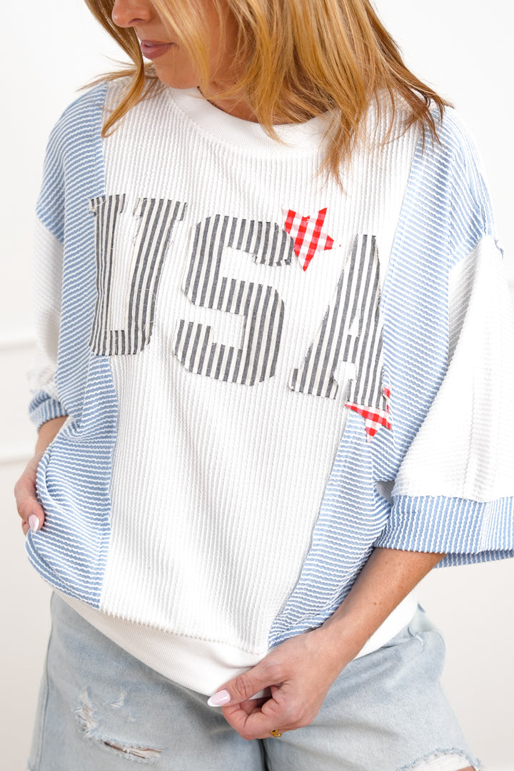 Plus/Reg Color Block "USA" Patch Ribbed Knit Top