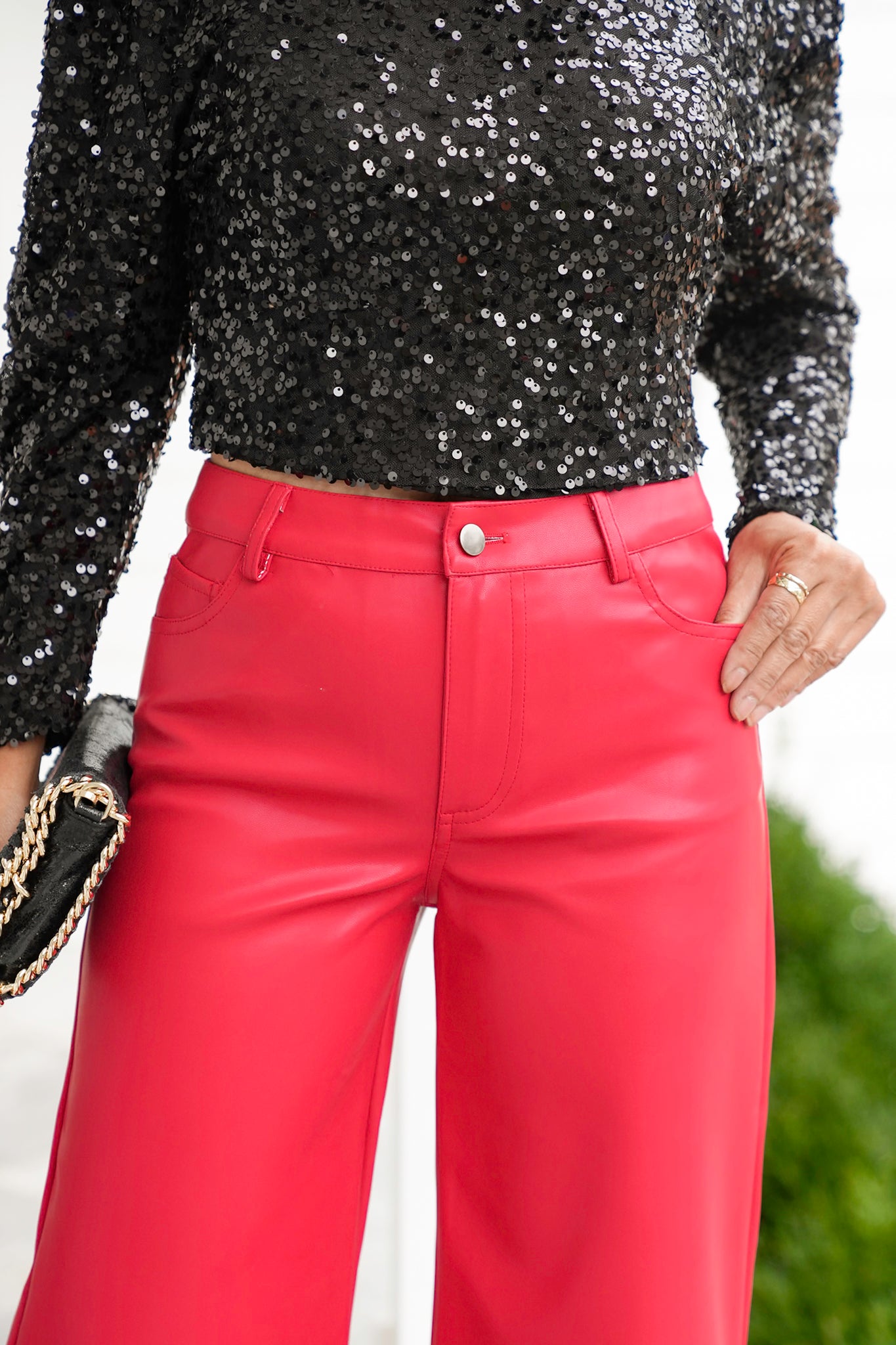Vegan Leather Mid Rise Wide Leg Pants