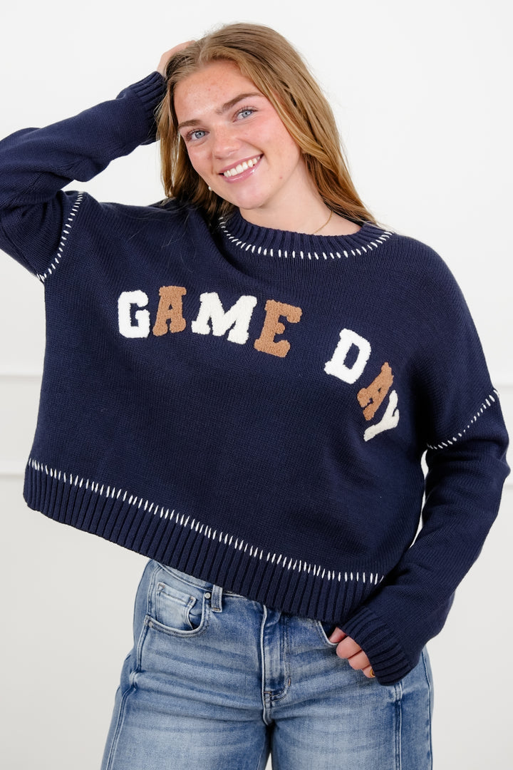 Plus/Reg Long Sleeve "Game Day" Patch Pullover Sweater