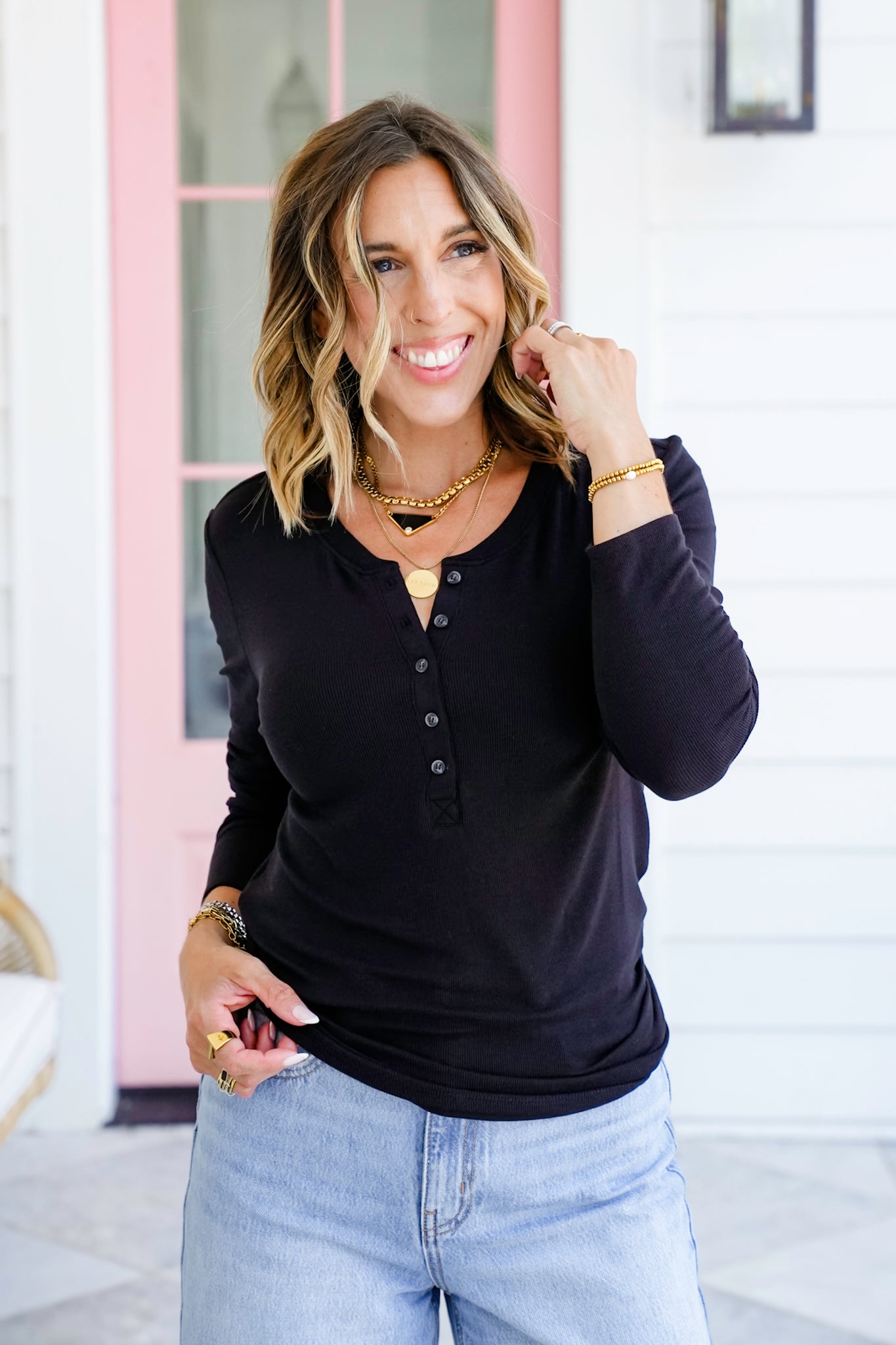 Ribbed Long Sleeve Henley Top with Button Detail