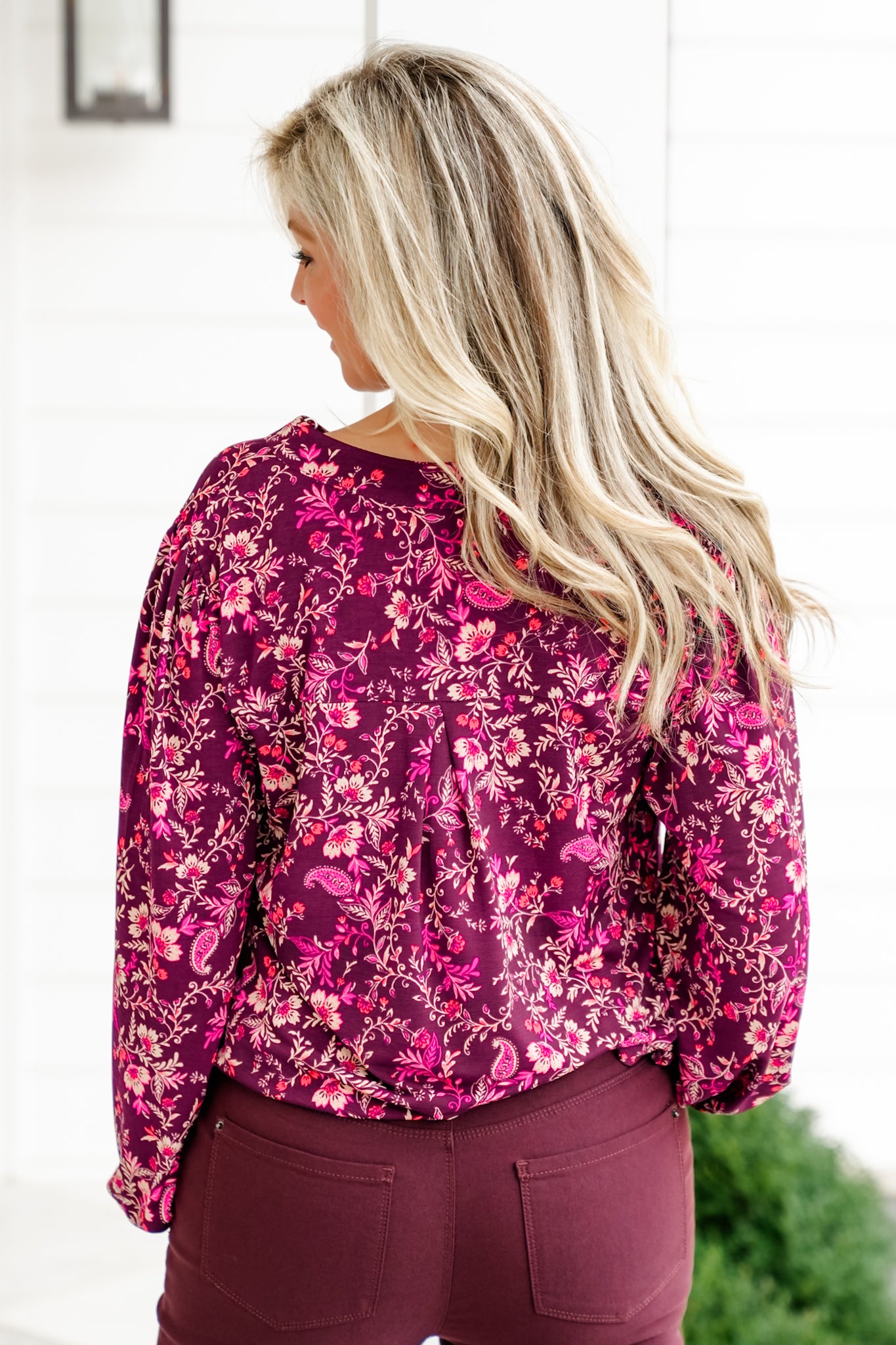Wine Floral Long Sleeve Split Neck Tunic Top