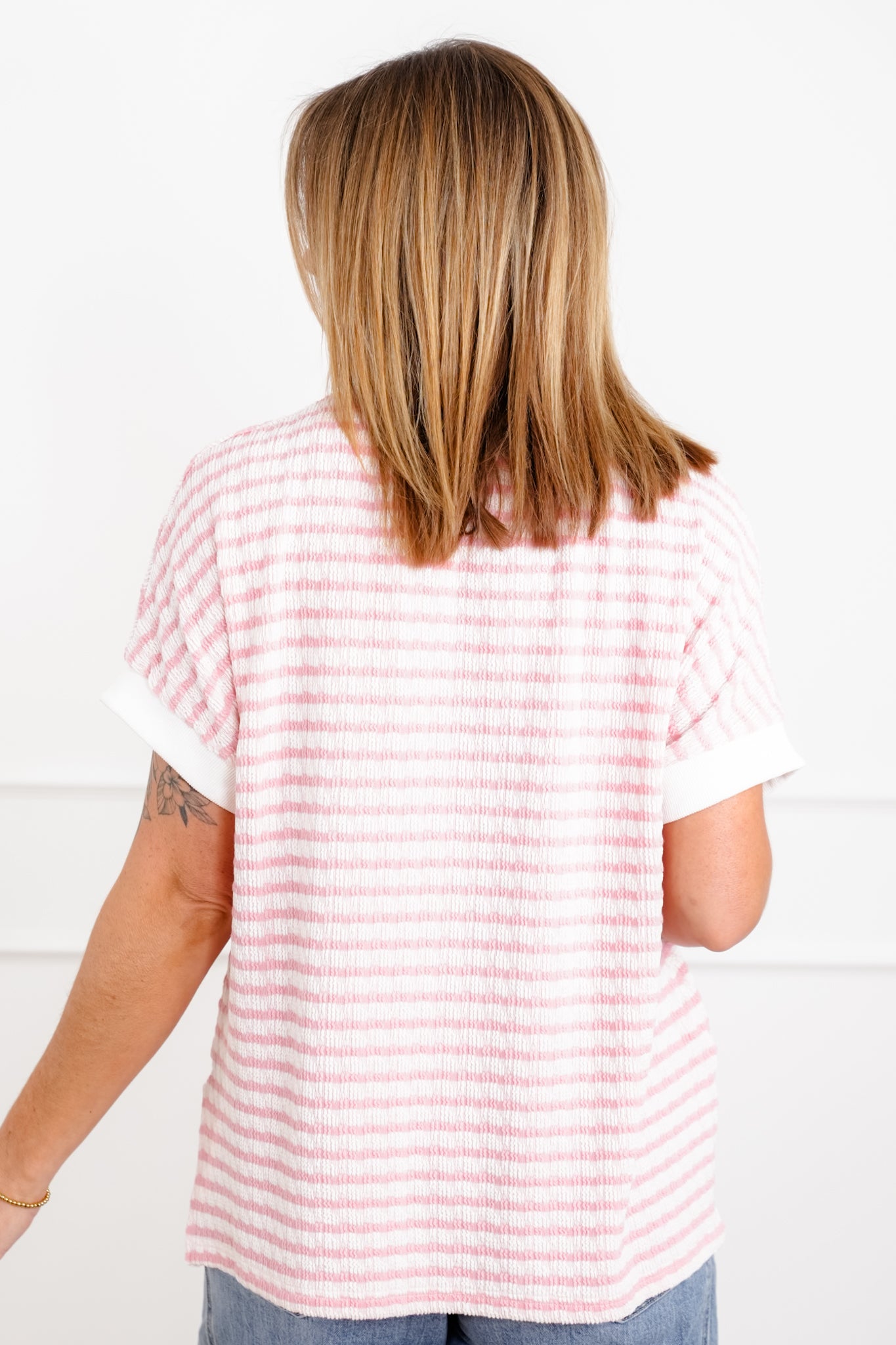 Plus/Reg Stripe Knit Short Sleeve Top with Contrast Trim