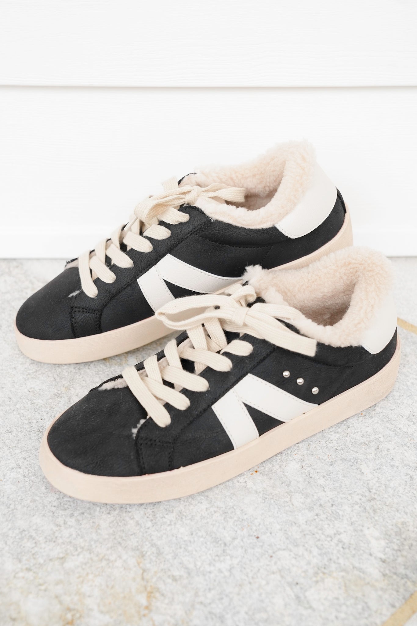 Corky's "No Chaser" Casual Black & White Lace-Up Sneakers with Vegan Fur Lining