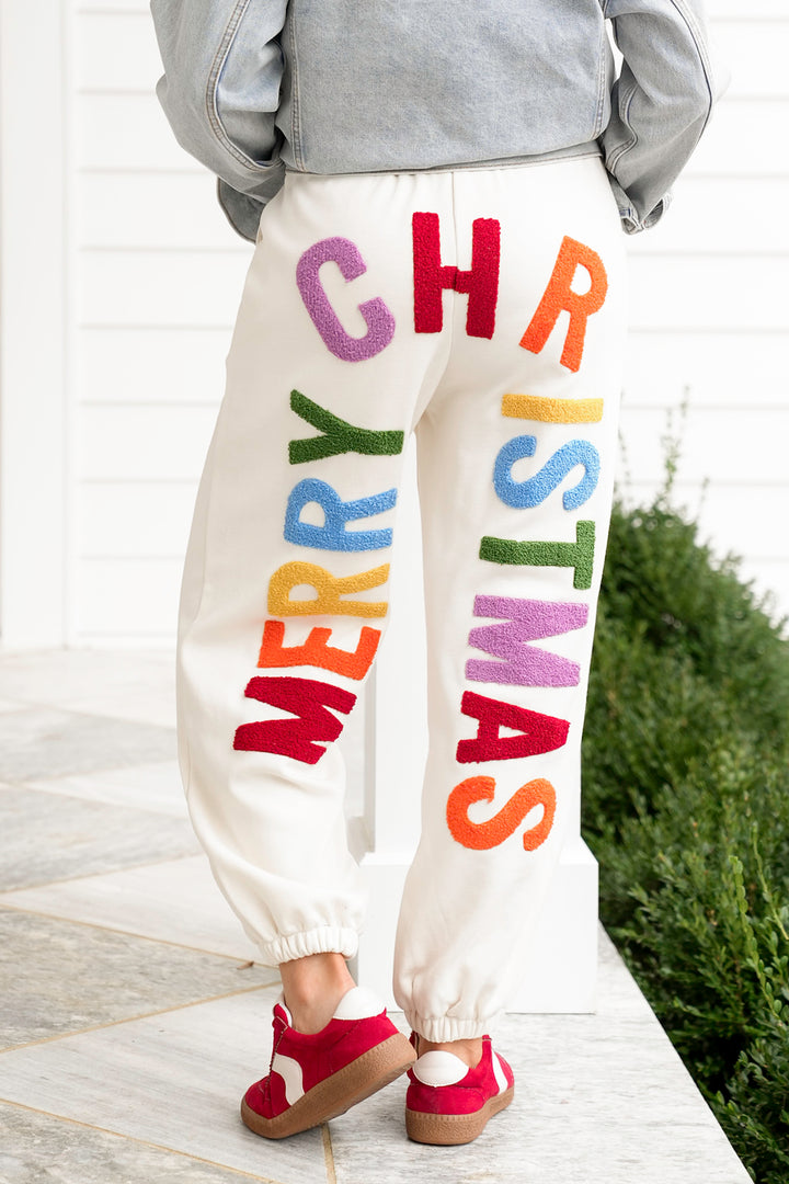 Plus/Reg Elastic Waist "Merry Christmas" Patch Jogger Pants