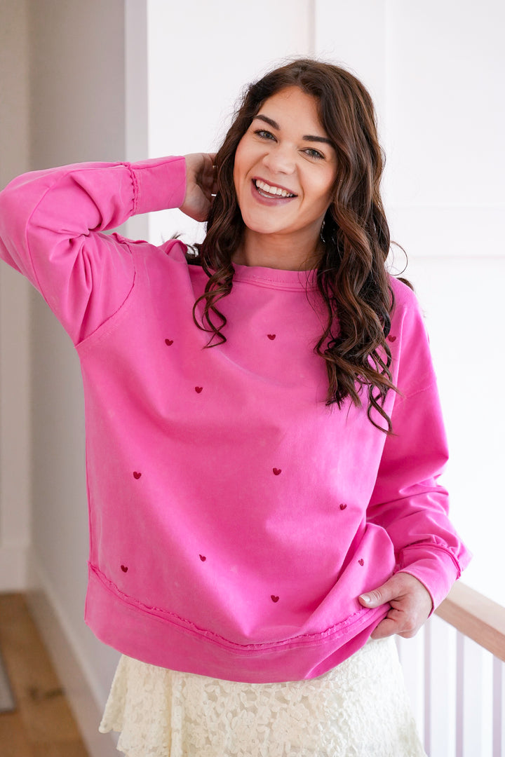 Plus/Reg Pink Long Sleeve Pullover Top with Embroidered Heart Detail