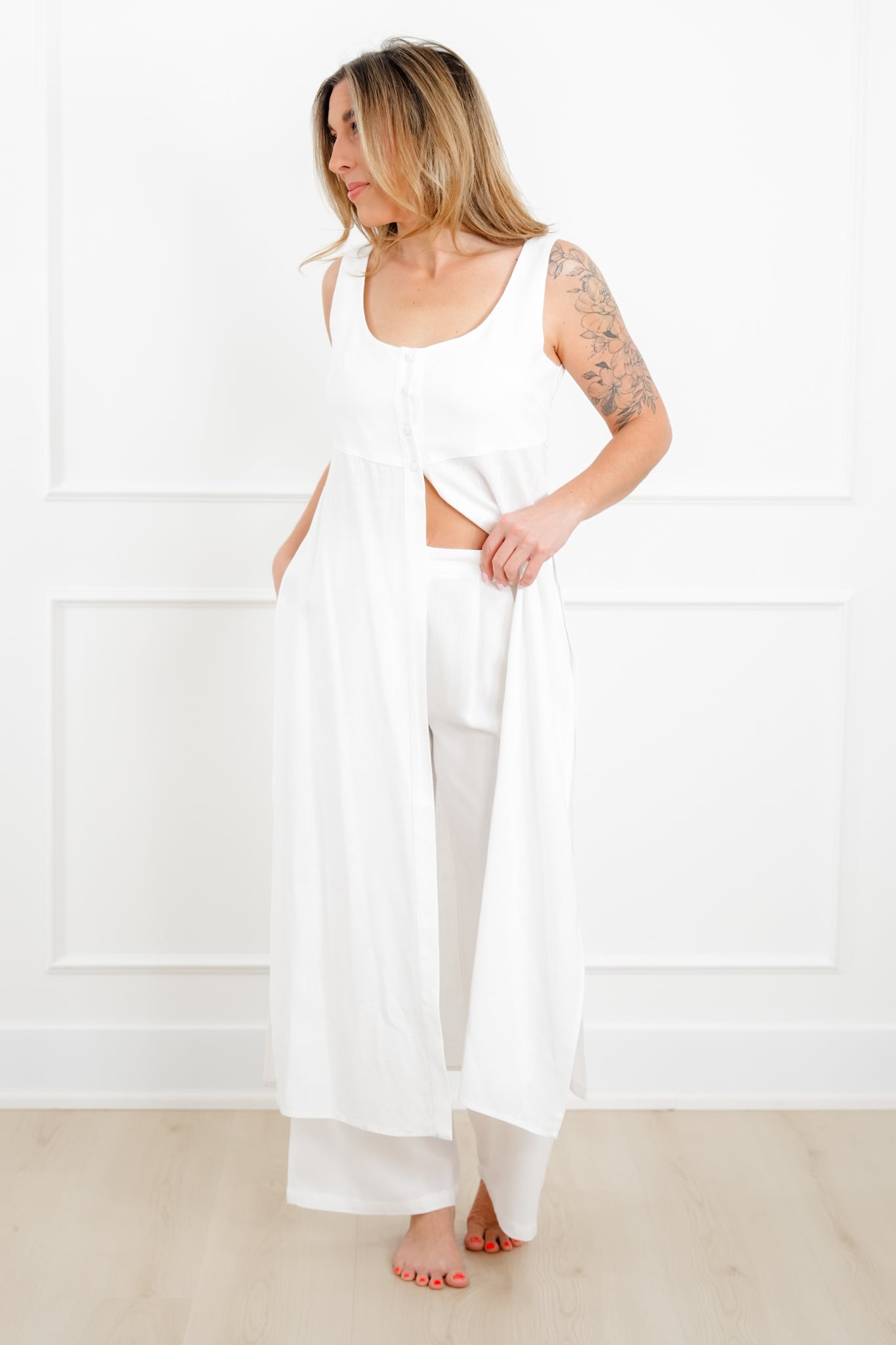 Plus/Reg Solid Sleeveless Cover Up Dress with Front Buttons