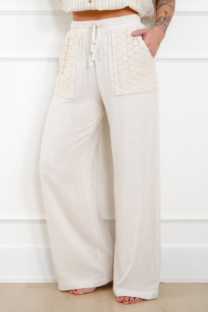 Linen Blend Elastic Waist Wide Leg Pants with Crochet Pockets