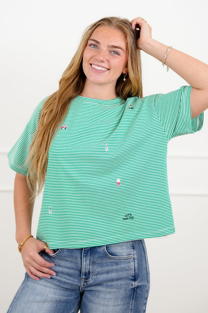 Striped Short Sleeve Embroidered Golf Icons Top - Freckled Poppy