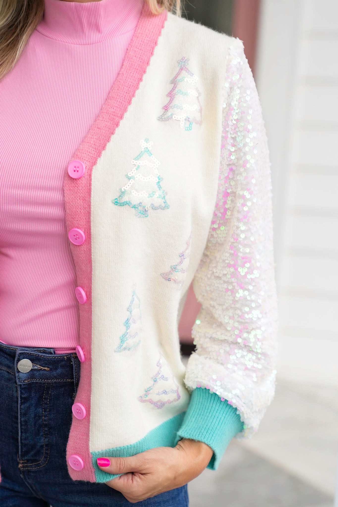 Plus/Reg Glitter Trees Long Sequin Sleeve Button Down Cardigan