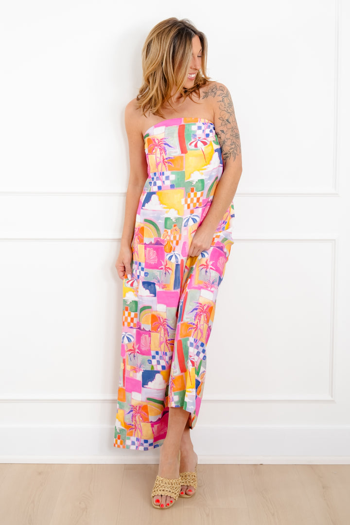 Tropical Vacation Print Sleeveless Maxi Dress with Tie Back