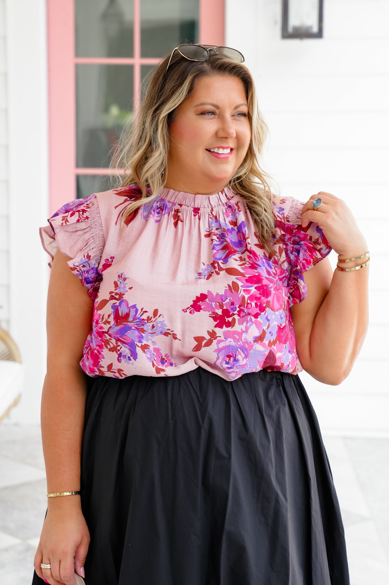 Plus/Reg Floral Print Short Flutter Sleeve Ruffle Neck Top