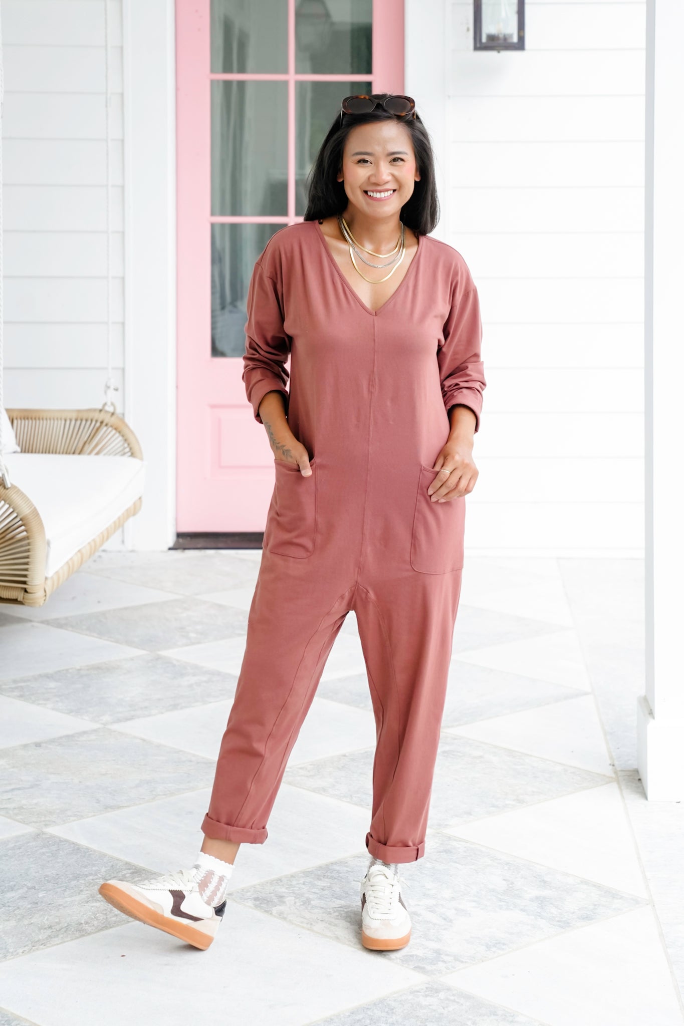 Plus/Reg Long Sleeve V Neck Jumpsuit