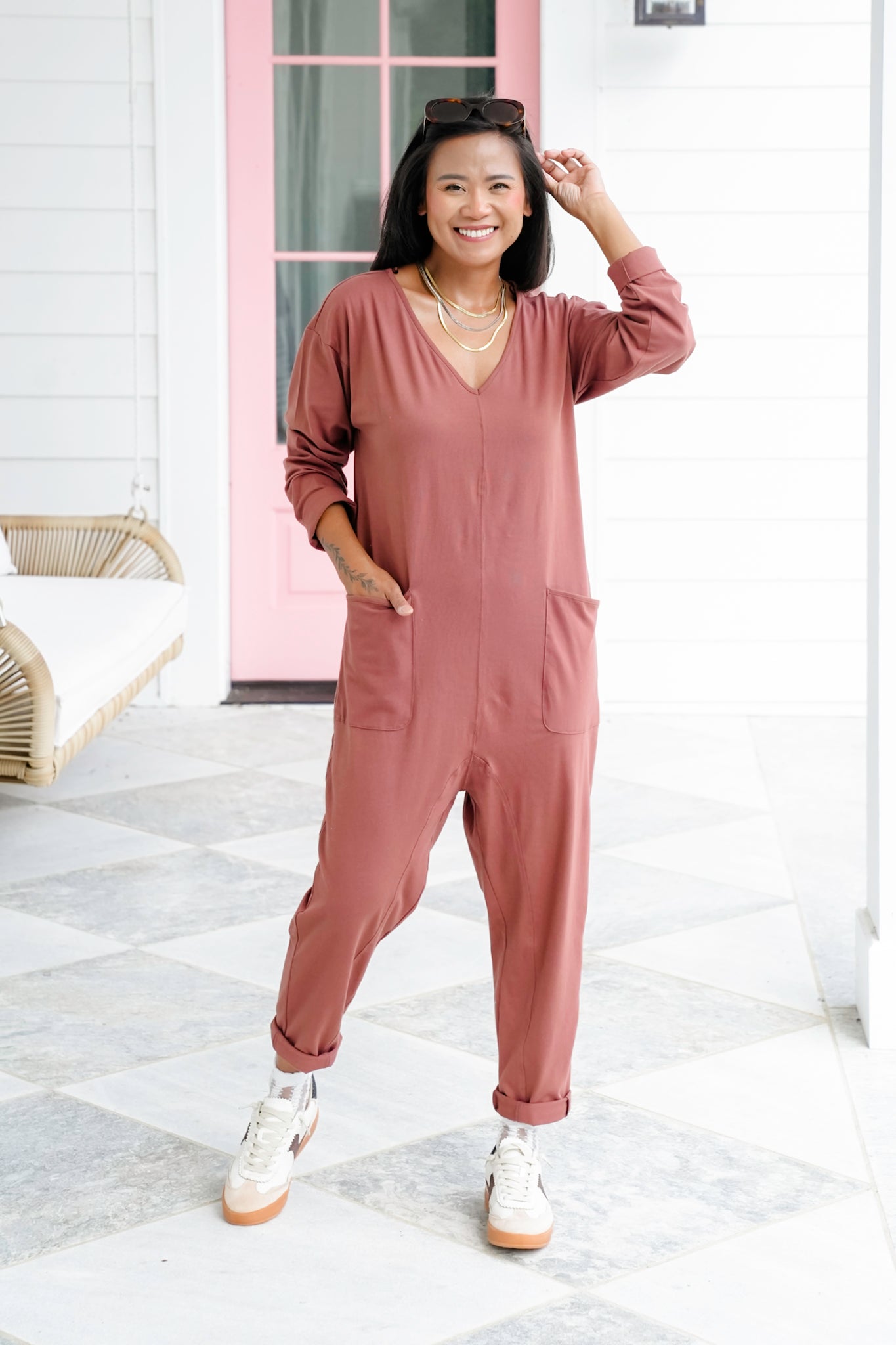 Plus/Reg Long Sleeve V Neck Jumpsuit