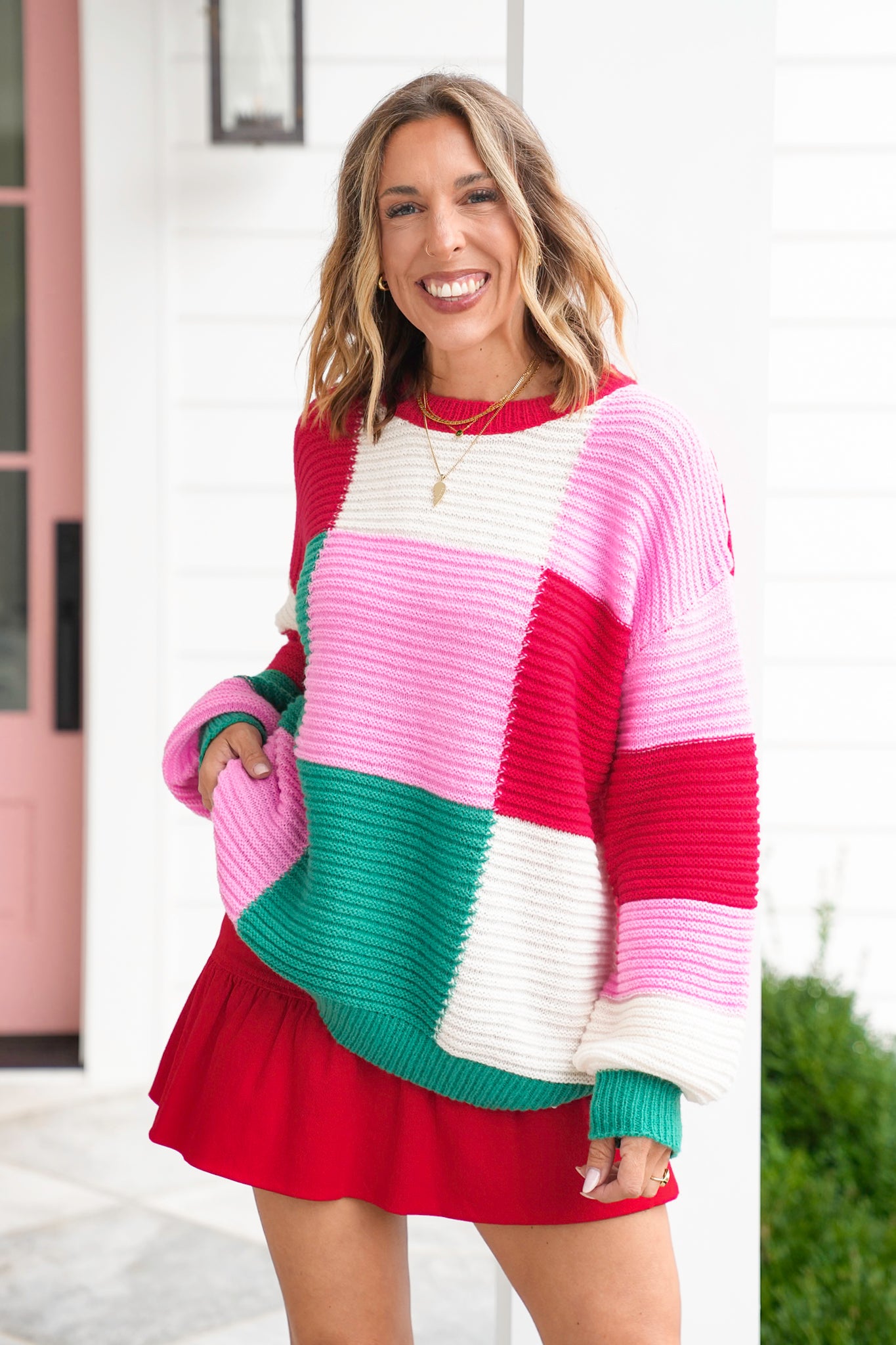 Knit Long Sleeve Color Block Sweater