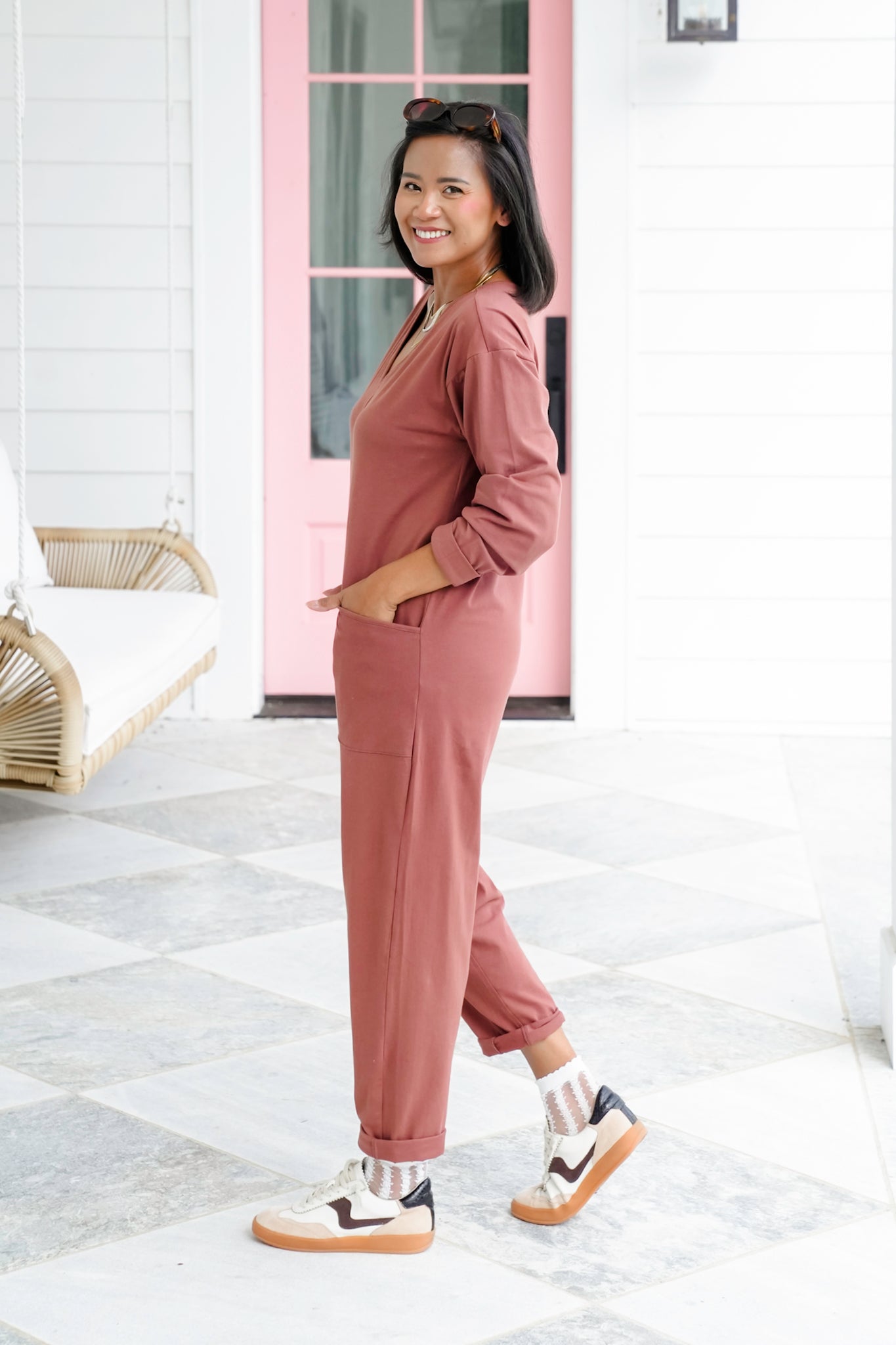 Plus/Reg Long Sleeve V Neck Jumpsuit