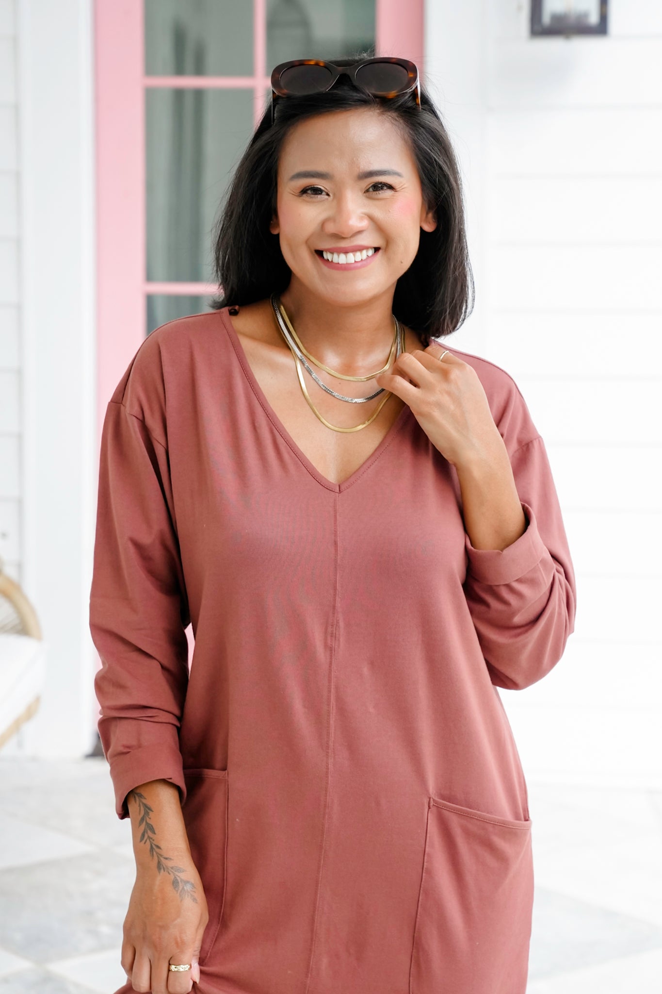 Plus/Reg Long Sleeve V Neck Jumpsuit