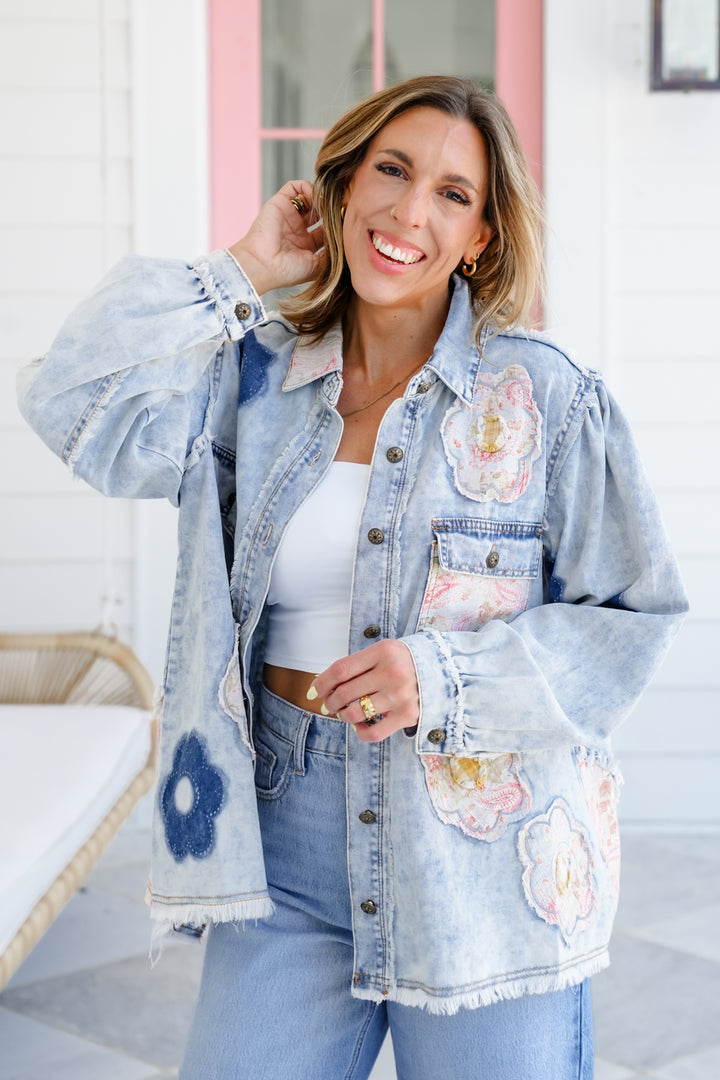 POL Long Sleeve Button Up Jacket with Floral Patch Detail