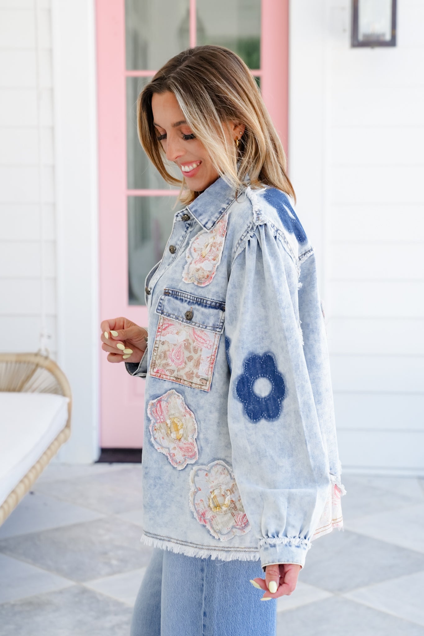 POL Long Sleeve Button Up Jacket with Floral Patch Detail
