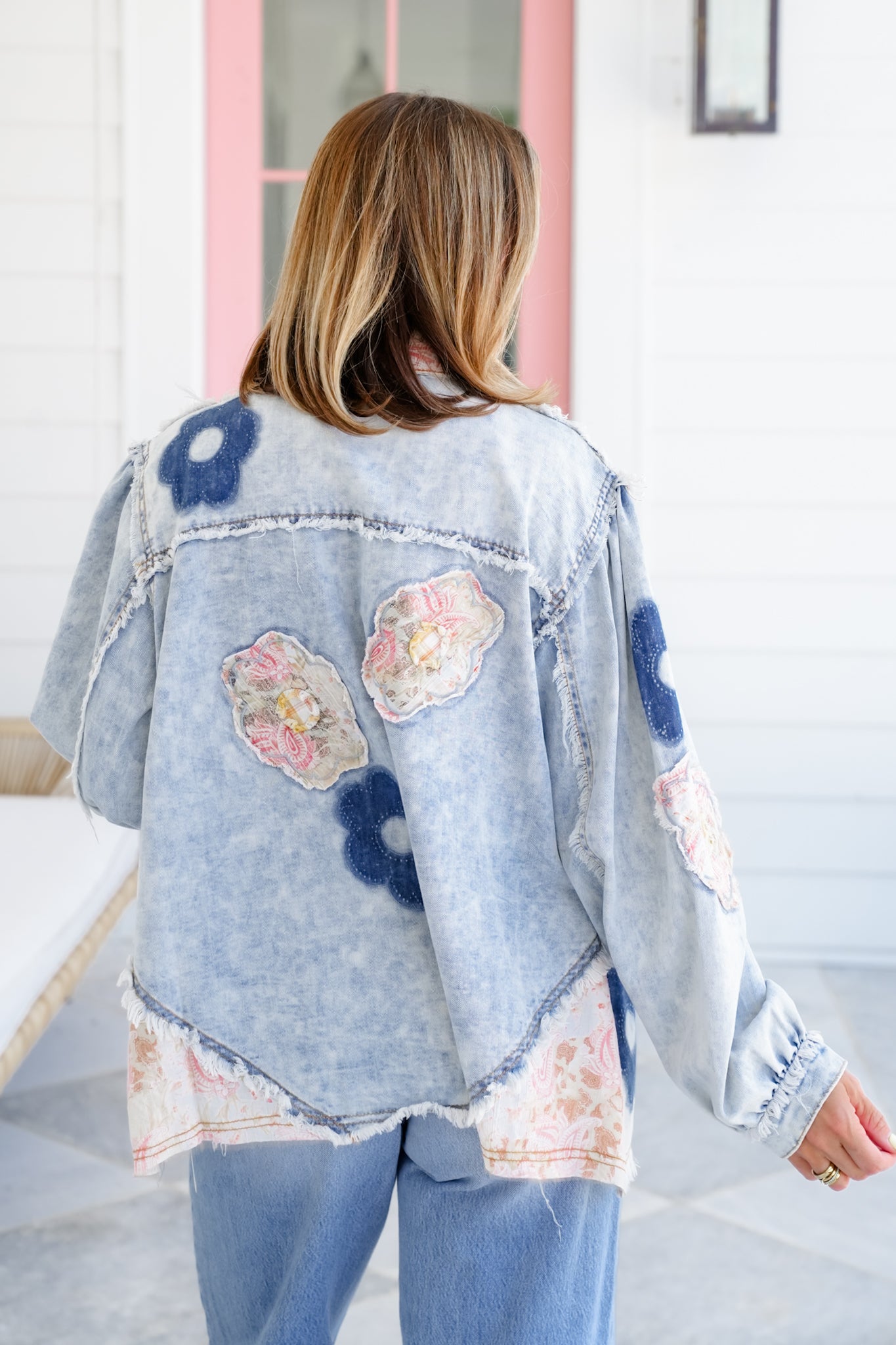 POL Long Sleeve Button Up Jacket with Floral Patch Detail
