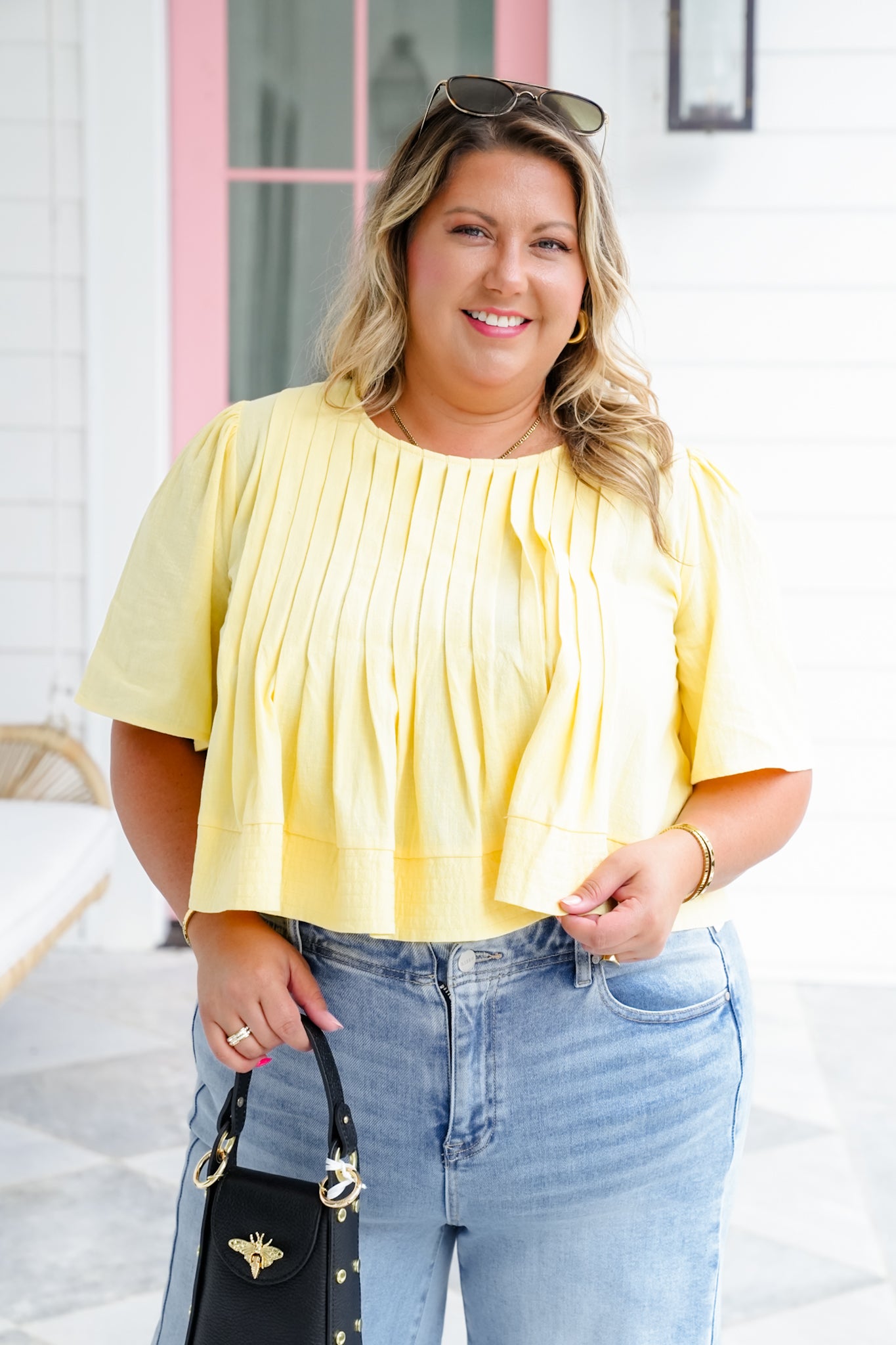 Short Sleeve Round Neck Top with Pintuck Detail