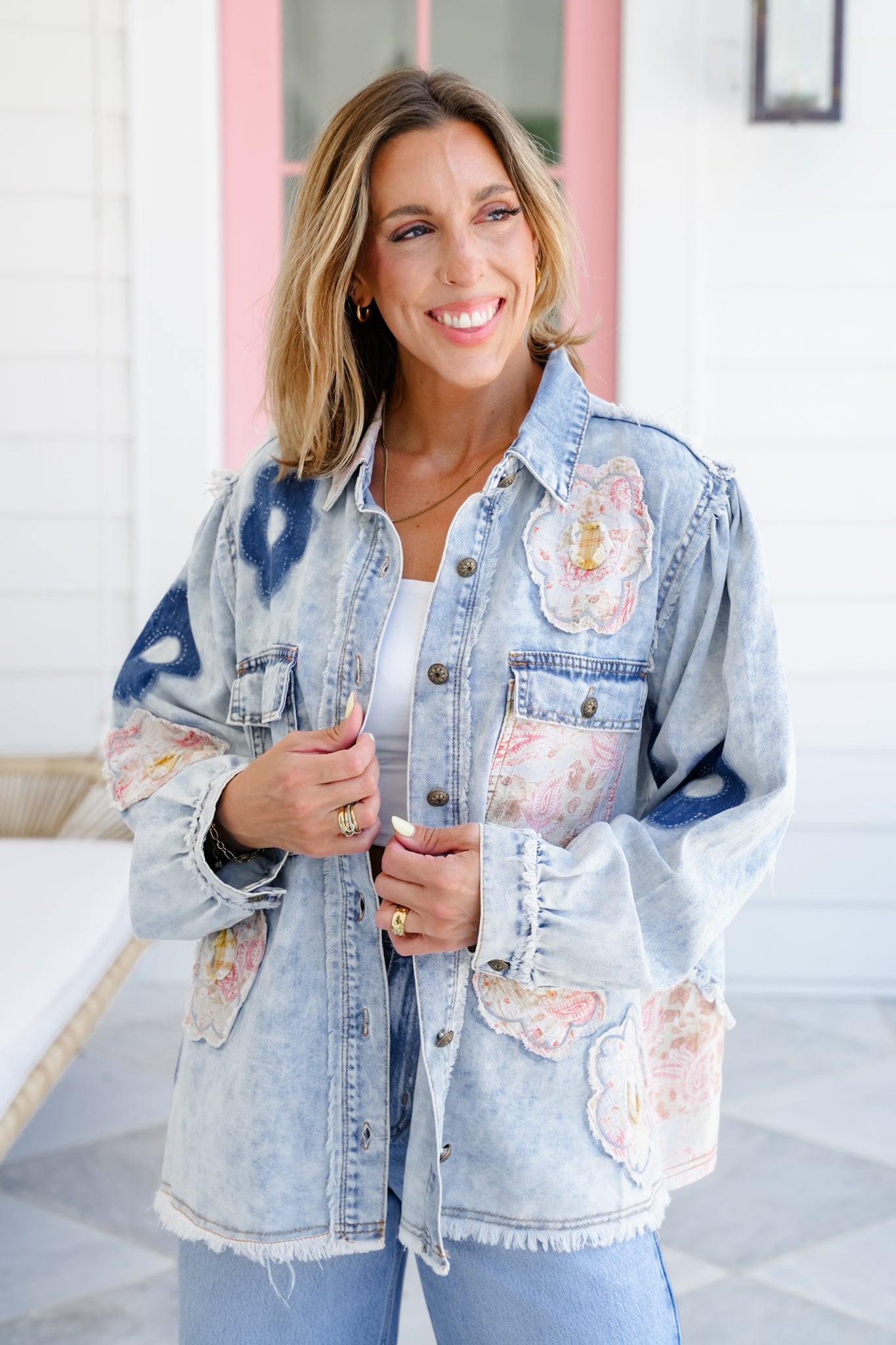 POL Long Sleeve Button Up Jacket with Floral Patch Detail