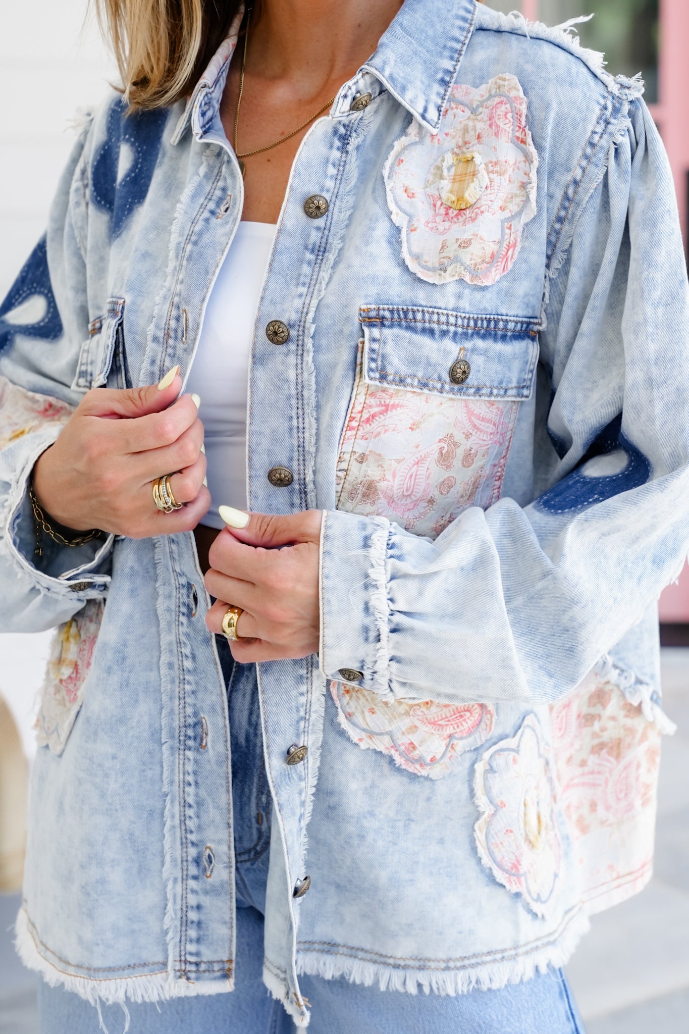 POL Long Sleeve Button Up Jacket with Floral Patch Detail