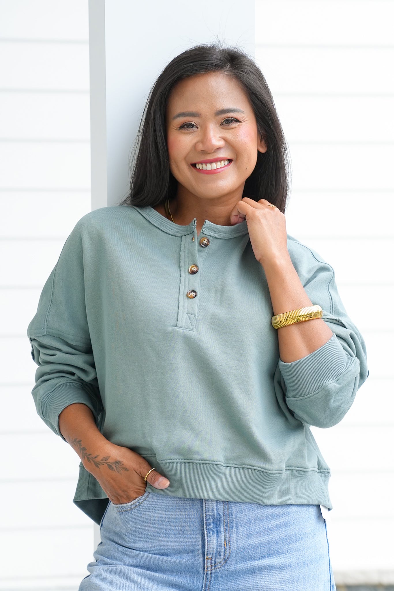 Long Sleeve Henley Sweatshirt Top