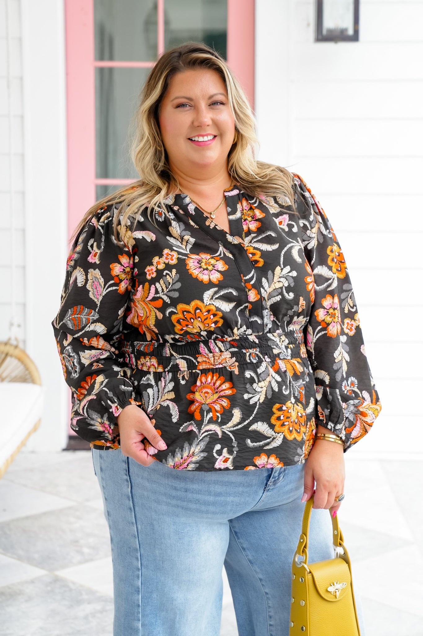 Plus/Reg Floral Print Long Sleeve Peplum Blouse