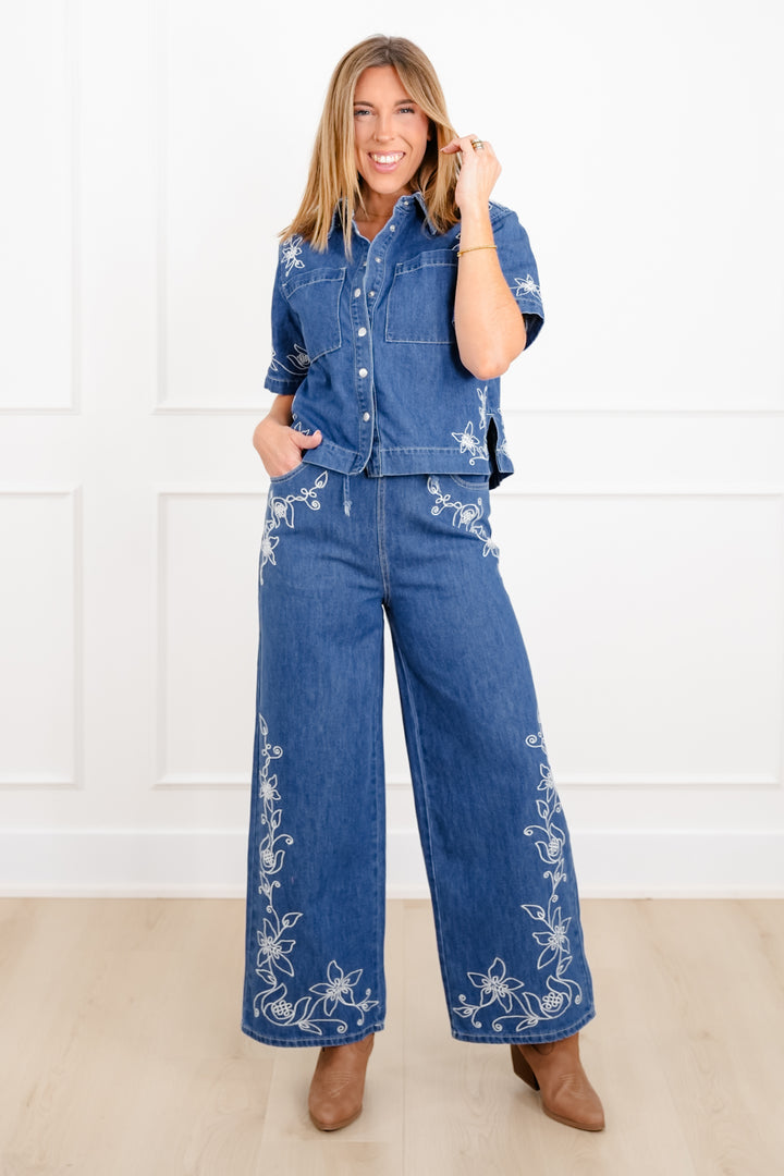 Floral Embroidered Medium Wash Short Sleeve Top and Pants Set