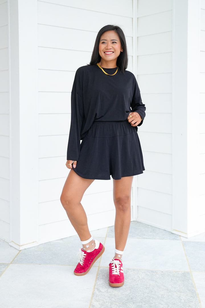 Knit Long Sleeve Top and Flare Short Set