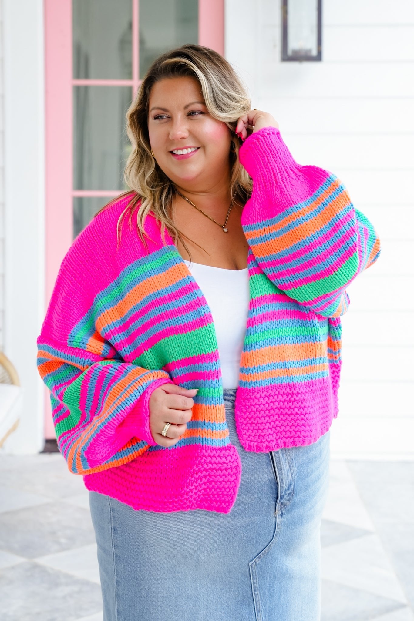 Plus/Reg Striped Long Sleeve Open Cardigan Sweater - Freckled Poppy