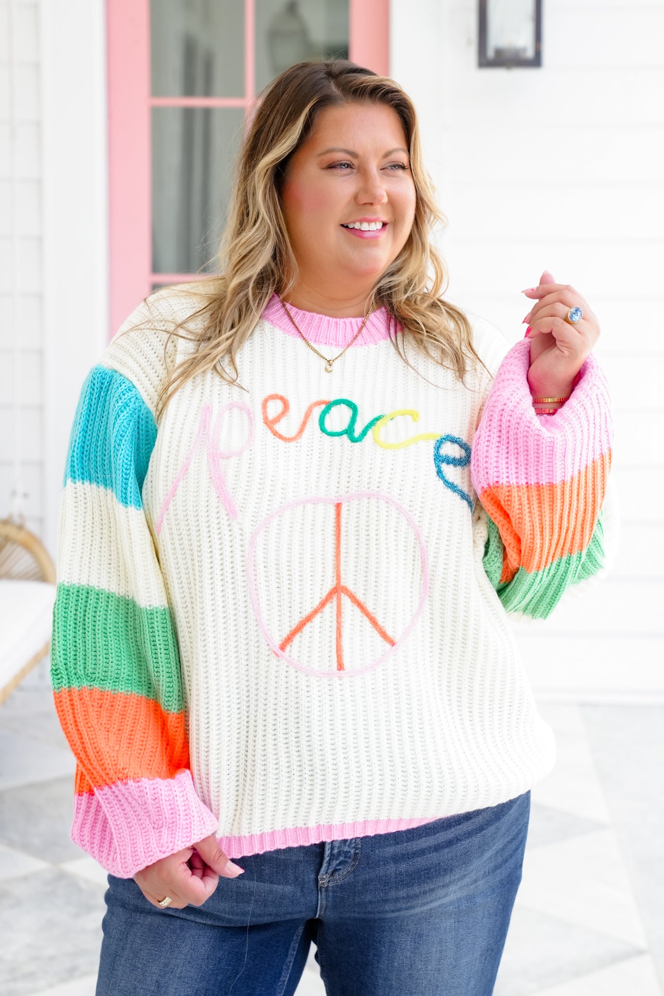 Plus/Reg Color Block Long Sleeve Sweater with Peace Sign