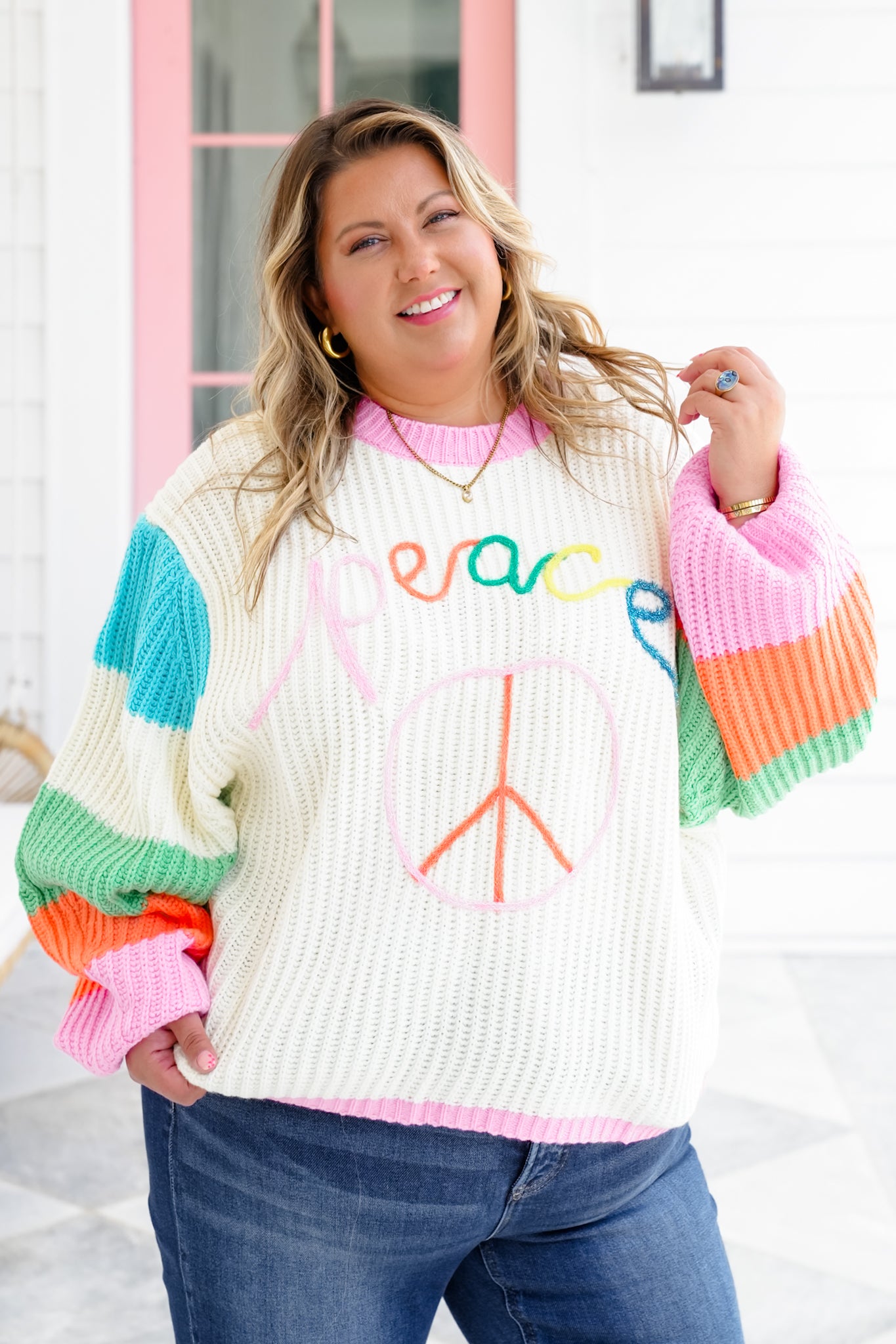 Plus/Reg Color Block Long Sleeve Sweater with Peace Sign