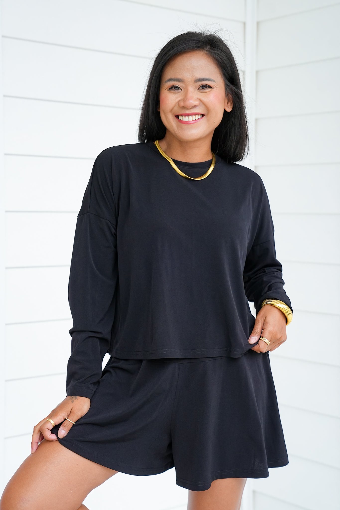 Knit Long Sleeve Top and Flare Short Set