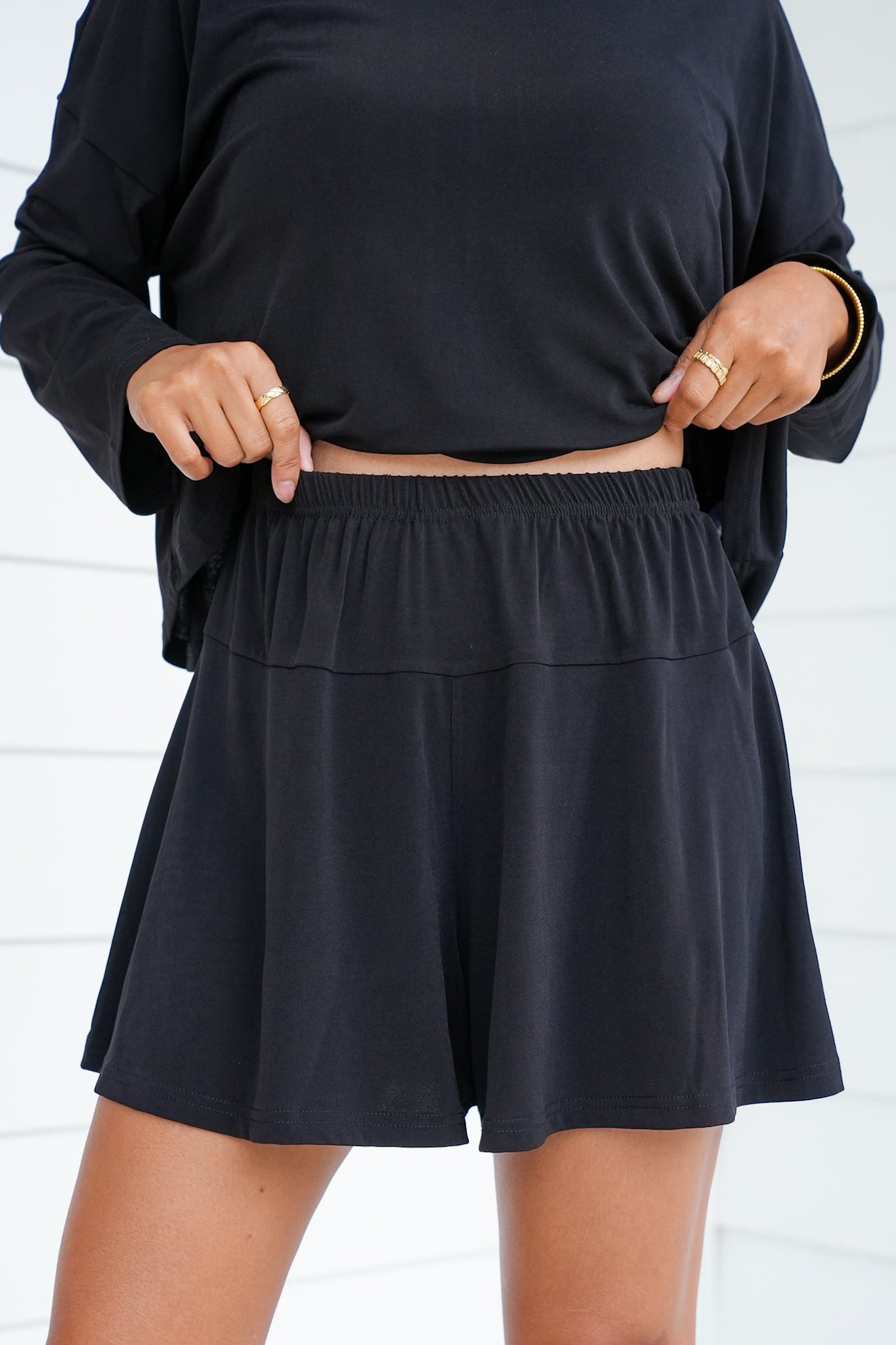 Knit Long Sleeve Top and Flare Short Set